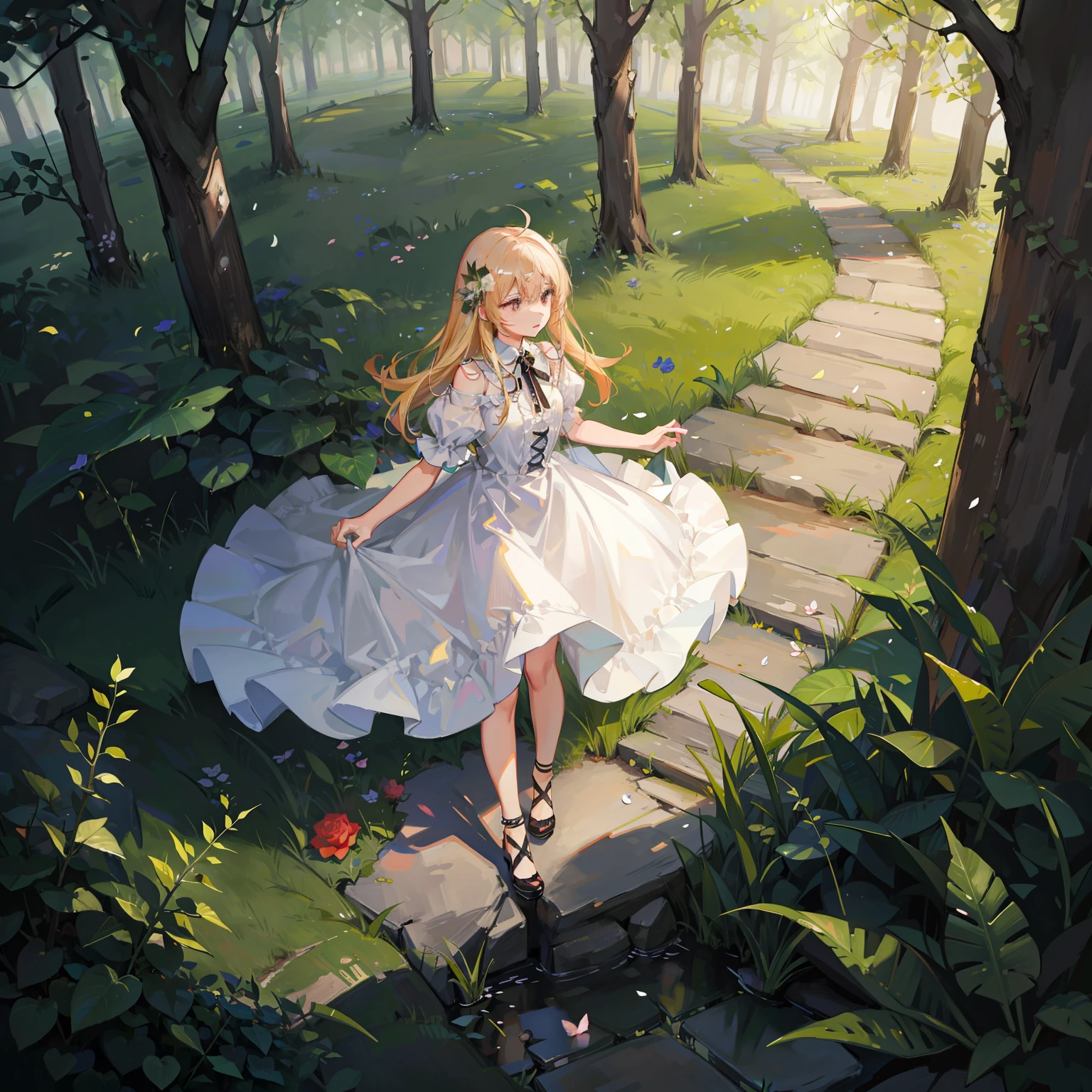 A small path in the forest,flower,write rose,light,Conceptual art, sparkle, high quality