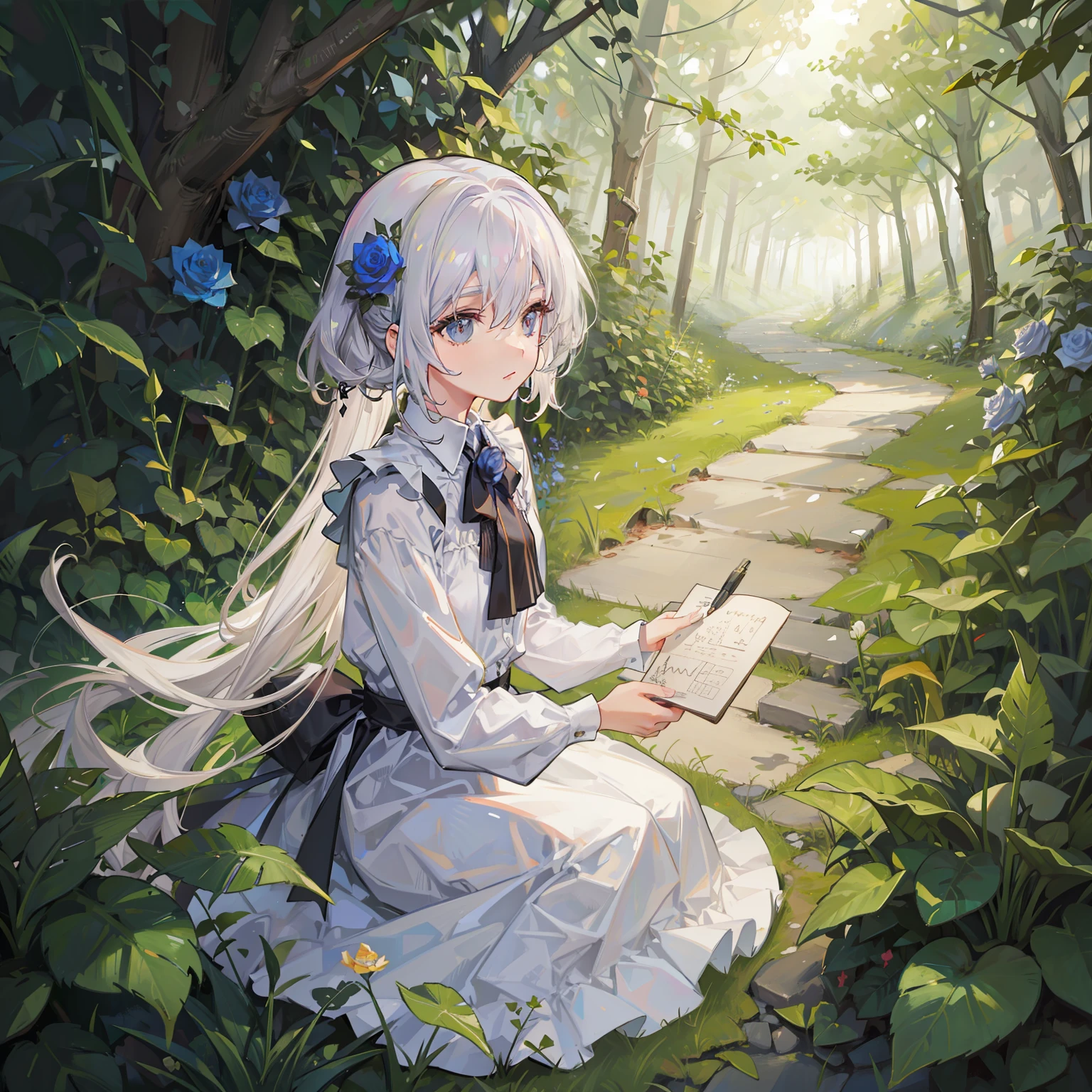 A small path in the forest,flower,write rose,light,Conceptual art, sparkle, high quality