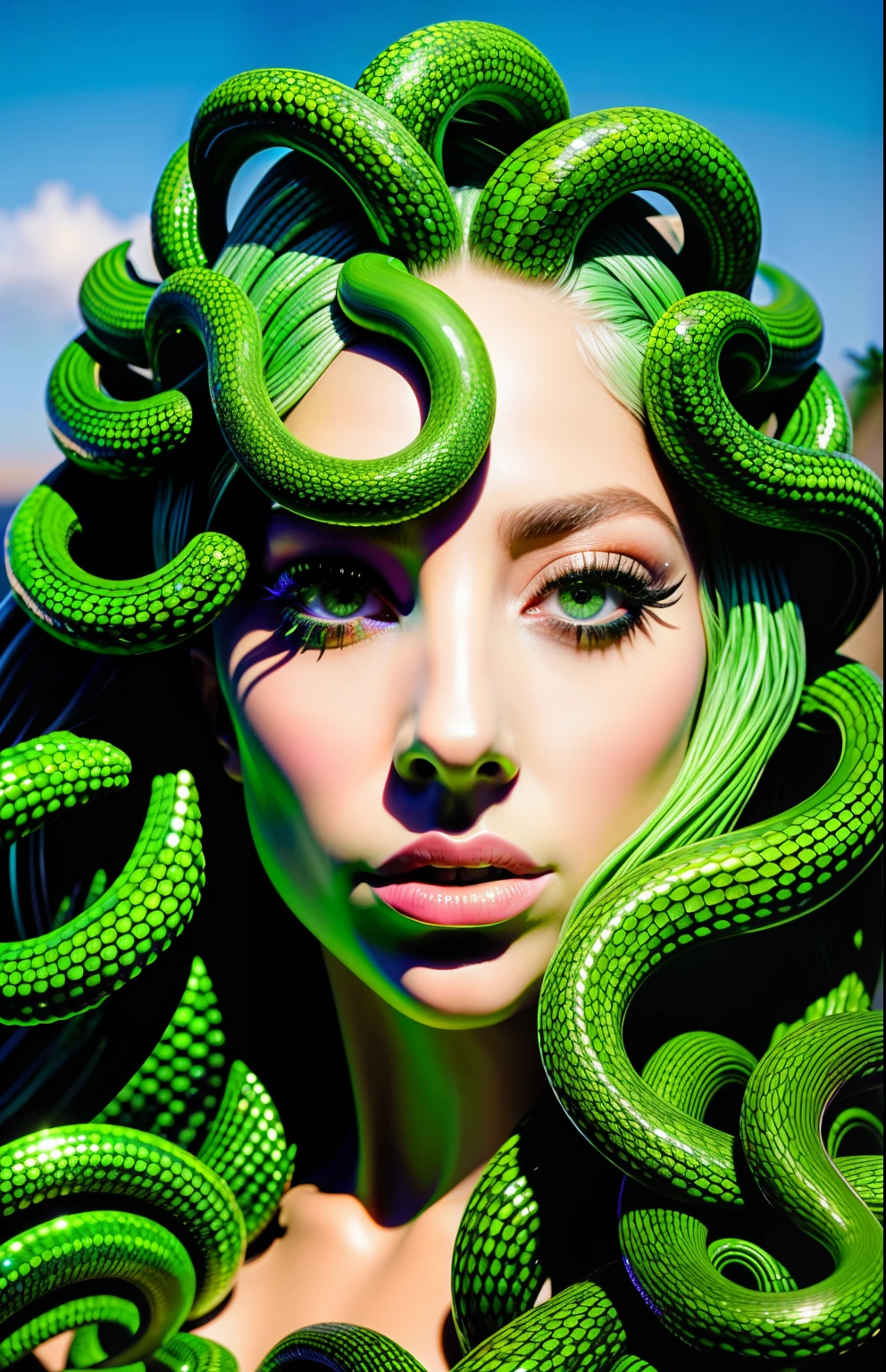 Lady Gaga ((best quality)), ((masterpiece)), ((realistic)), Medusa, full body, hair is composed of numerous small snakes, green eyes, female face, carved metal top, real aura, trend in artstation, sharp focus, studio photo, intricate detail, very detailed, detailed eye, illustration, very detailed, sharp focus, digital rendering, professional, 4k