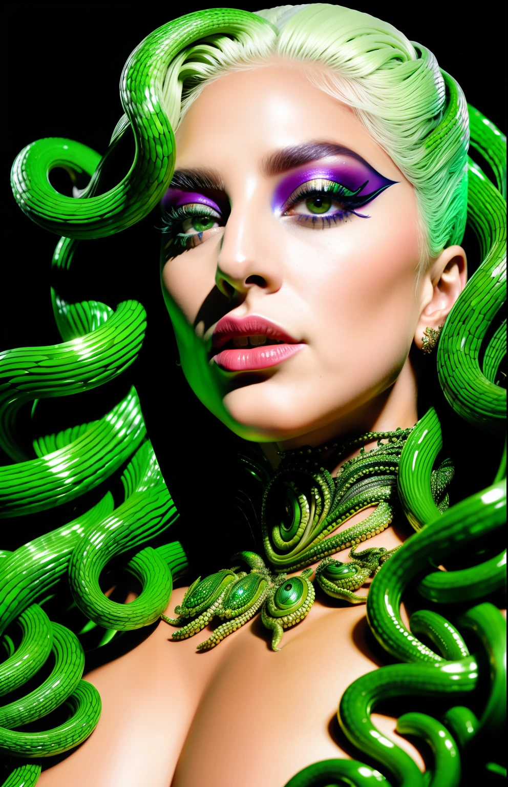 Lady Gaga ((best quality)), ((masterpiece)), ((realistic)), Medusa, full body, hair is composed of numerous small snakes, green eyes, female face, carved metal top, real aura, trend in artstation, sharp focus, studio photo, intricate detail, very detailed, detailed eye, illustration, very detailed, sharp focus, digital rendering, professional, 4k