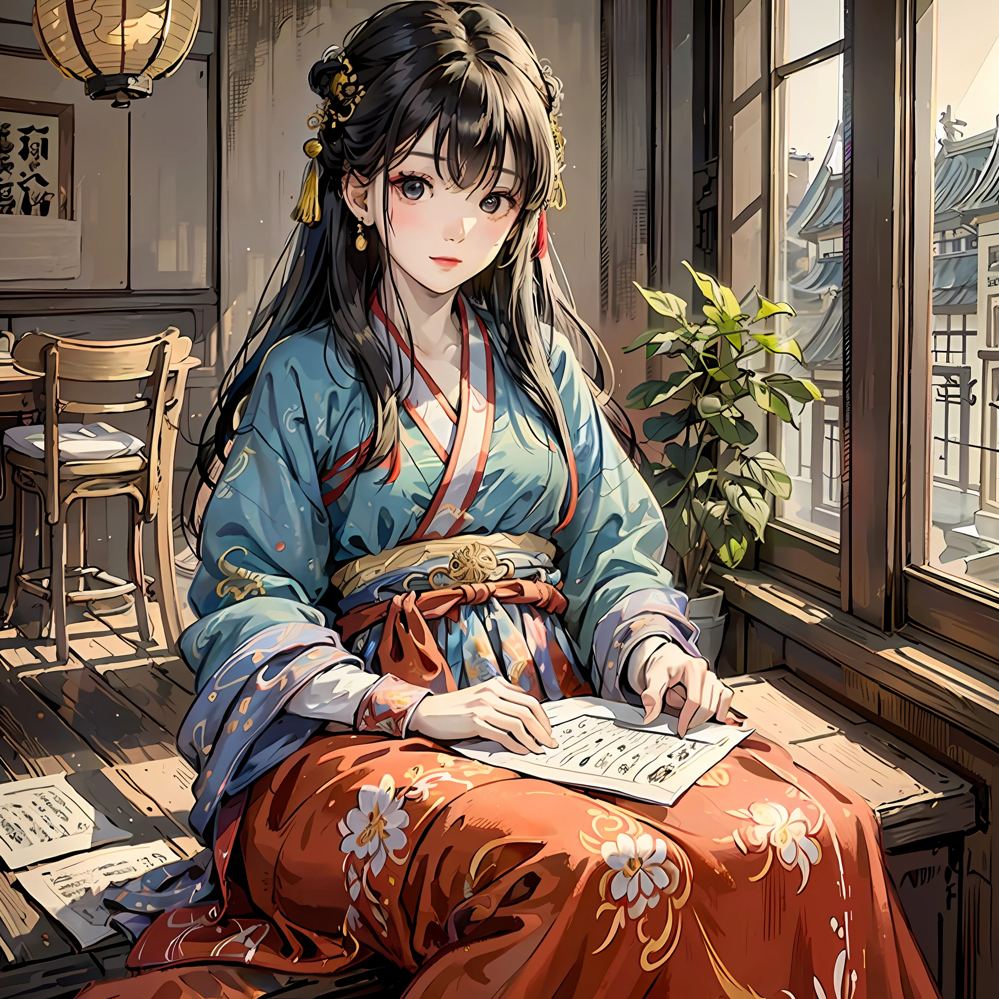 RAW photo, masterpiece, best quality, (1girl), 20yo, sitting at the table, indoor, sunny window, happy, colorful Chinese dress, Hanfu, beautiful girl, messy hair, writting Chinese calligraphy