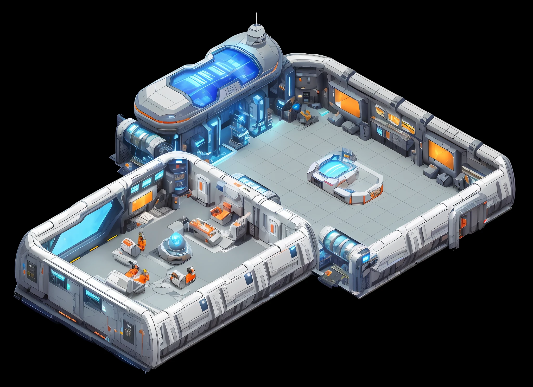 a close up of a futuristic space station with a large window, futuristic base, isometric futuristic game, futuristic laboratory, futuristic production facility, scifi base, sci-fi building. isometric view, inside a futuristic army base, futuristic outpost building, sci fi engine room living room, detailed spaceship interior, scifi room, scifi space station, spaceship hangar, futuristic scientific laboratory