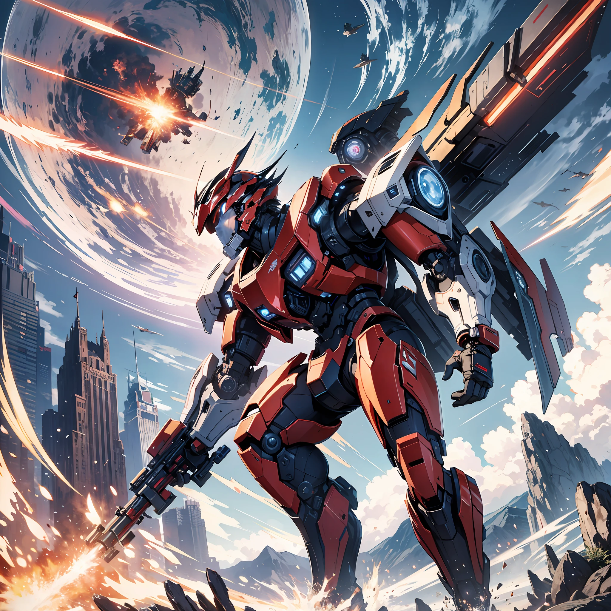 Absurd resolution, high resolution, (masterpiece: 1.4), hyper-detail, a mech, red armor, floating flight in the sky (1.8) background is earth, fire