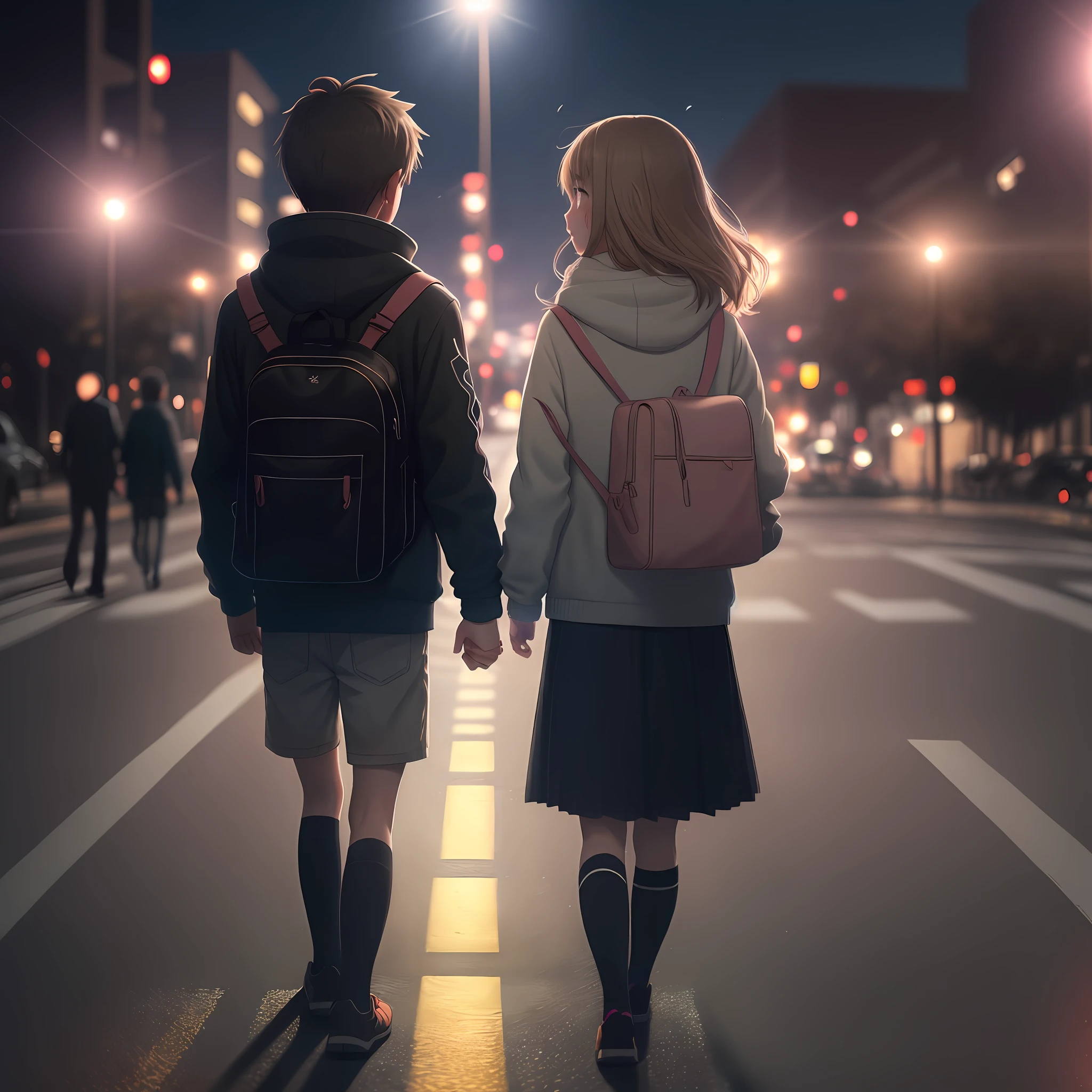 A girl and a boy Face to face at the crosswalk, anime style, cinematic soft lighting glow effect