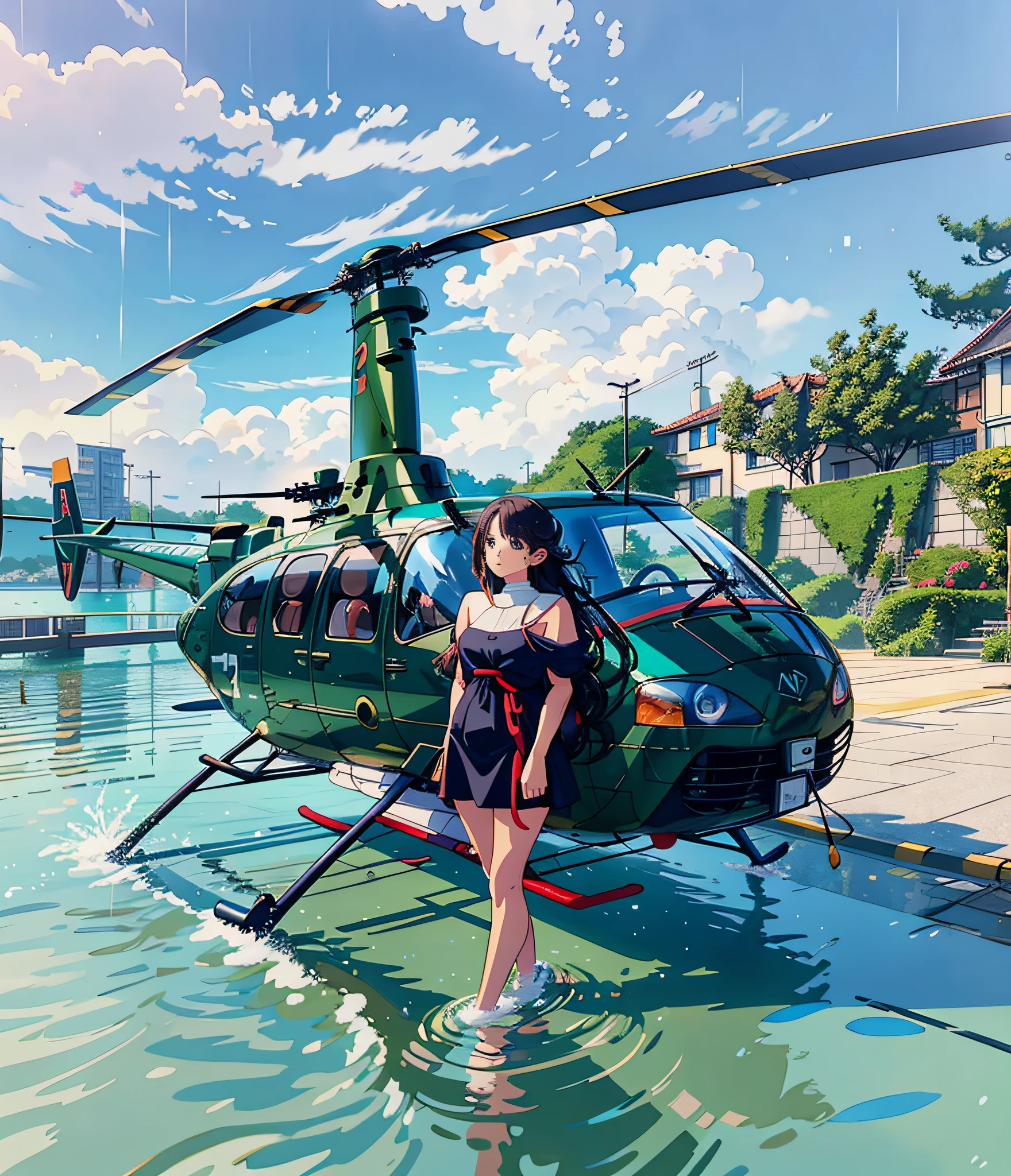 Cute anime girl, anime girl standing in the water next to the helicopter in the city, beautiful digital artwork, [ 4K digital art ]!!, Guvez style artwork, anime style 4 K, Ross Trunk. Landscape background, realistic anime 3D style, illustrated by Yang J, a beautiful artwork, stunning art style, stunning digital illustration by Russell Dongjun Lu