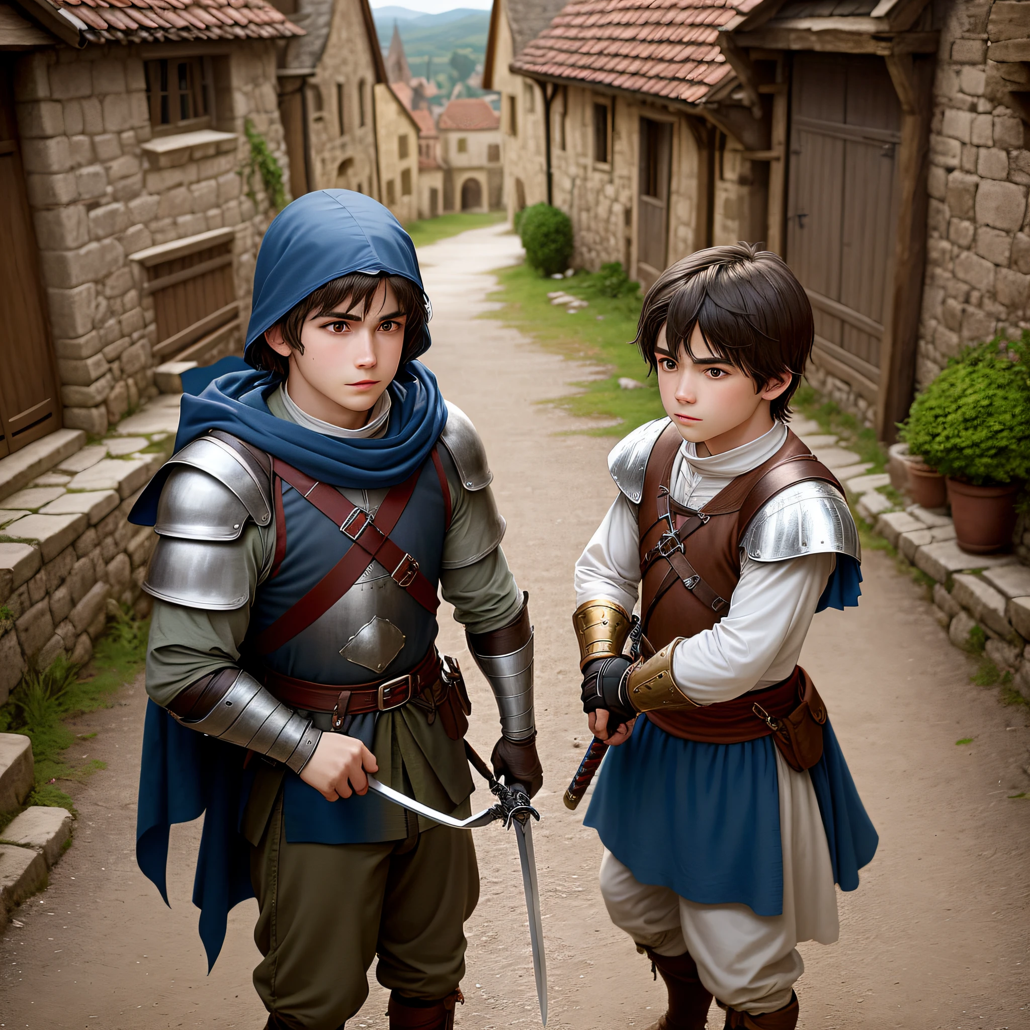 two small young men with sword fighting, in a medieval village dressed in medieval costumes, in a world of fantasy and adventure.