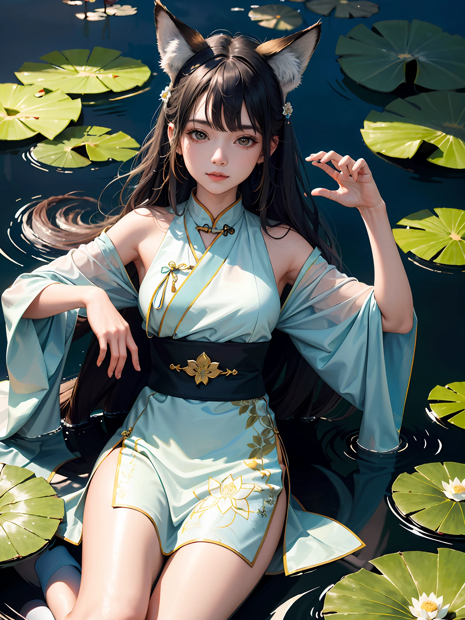 absurdres, highres, ultra detailed, (1girl:1.3), hand drawn, simple line, 16yo girl in colorful Chinese Hanfu, beautiful girl with fox ears, lying in the huge lotus leave, at the lotus pond, masterpiece, sitting in water, floating clothes, floating hair