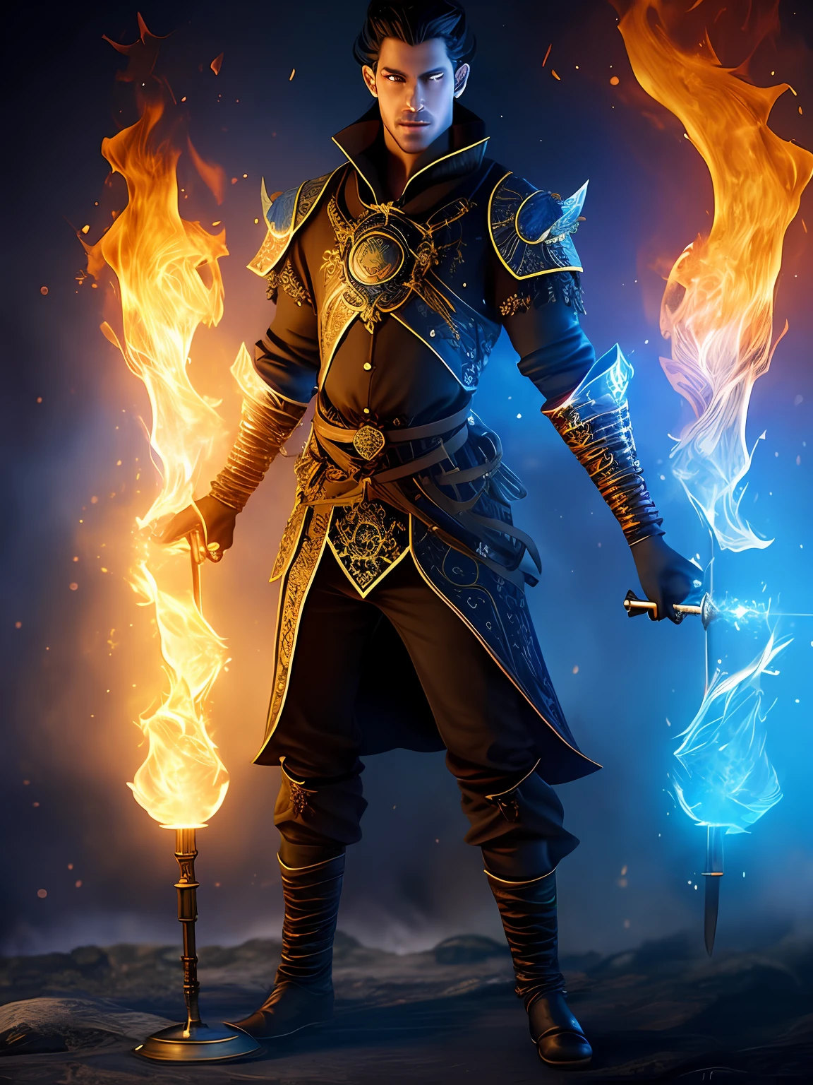 high quality image, a man in a medieval outfit and a tie standing in front of a blue background, with bright runes on the body, flames around the body, shiny black aura, medieval flame costume, human glow, shiny face creature, skinny male fantasy scientist, skinny male fantasy alchemist, demon hybrid djinn man,  Man djinn male demon, intricate upper body