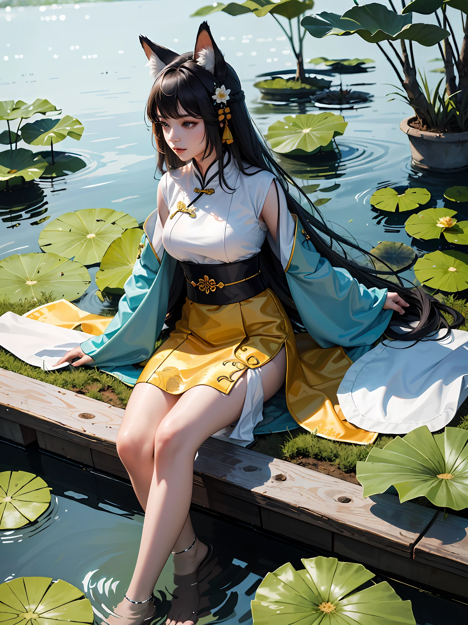 absurdres, highres, ultra detailed, (1girl:1.3), hand drawn, simple line, girl in colorful Chinese Hanfu, beautiful girl with fox ears, lying in the huge lotus leave, at the lotus pond, masterpiece, sitting in water, floating clothes, floating hair