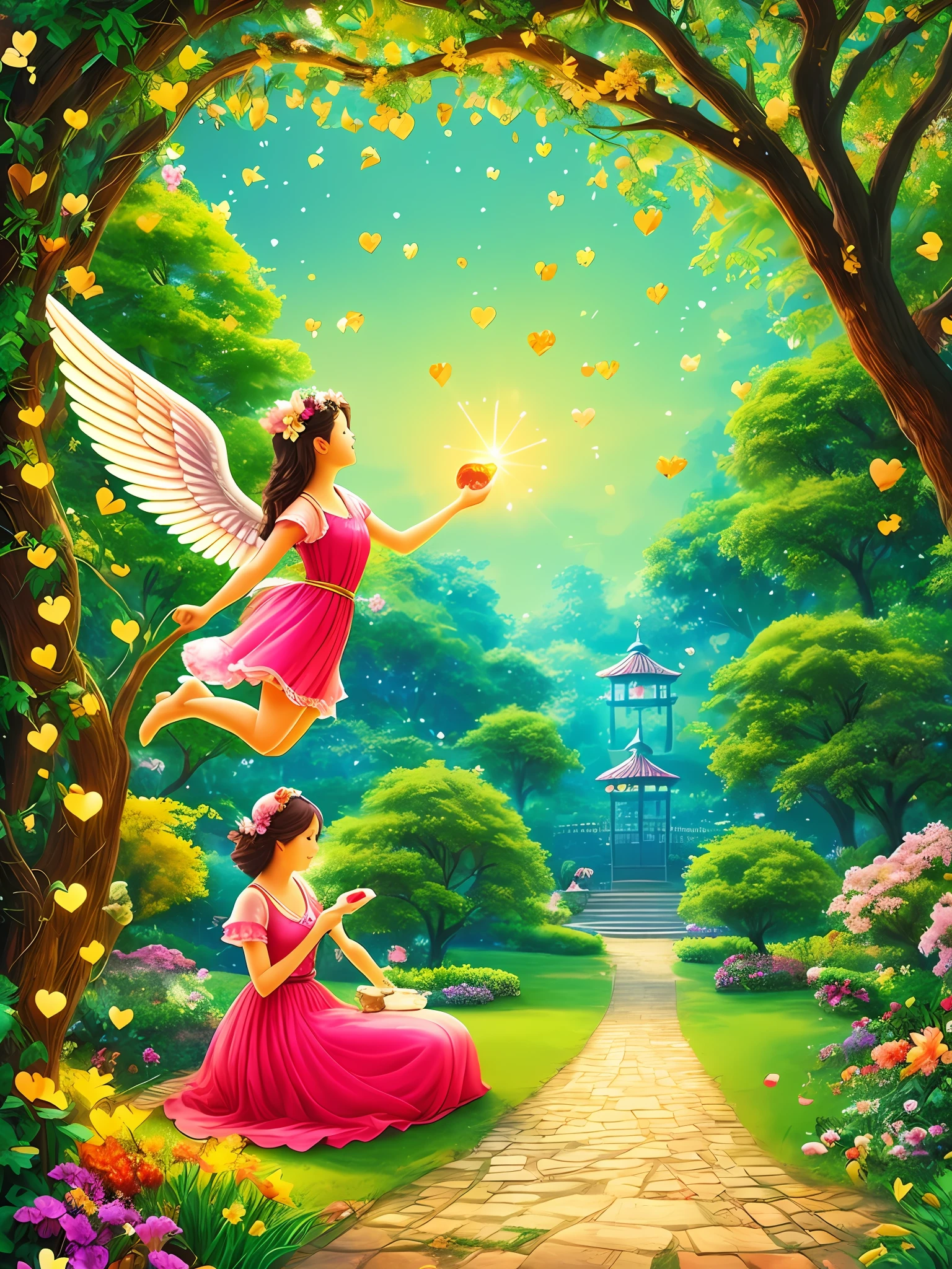 A wallpaper featuring a whimsical garden filled with vibrant flowers, lush greenery, and a magical tree. The tree is adorned with golden leaves and shimmering coins, symbolizing luck and financial abundance. Among the flowers, there are cute, heart-shaped notes floating in the air, representing love and affection. At the center of the garden, there is a kind and caring figure, such as an angel or a friendly animal, offering a helping hand to someone in need. The overall scene radiates warmth, positivity, and a sense of good fortune. Let this wallpaper remind you of the blessings of luck, love, and the kindness of others, attracting prosperity and joy into your life."