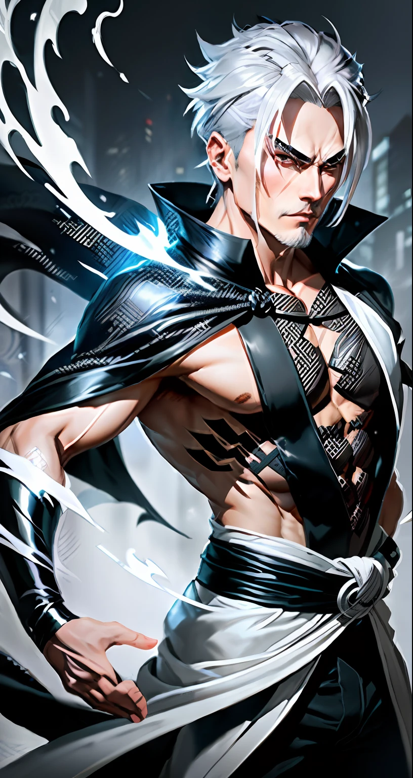 An enigmatic ninja with silver hair and piercing eyes. He wears a black kimono with gray accents and a robe that merges with the shadows. His suit is light and fluid, allowing him to move silently. (dynamic pose) ( animated pose) ( cinematog ́rafica pose) (cinematic atmosphere)