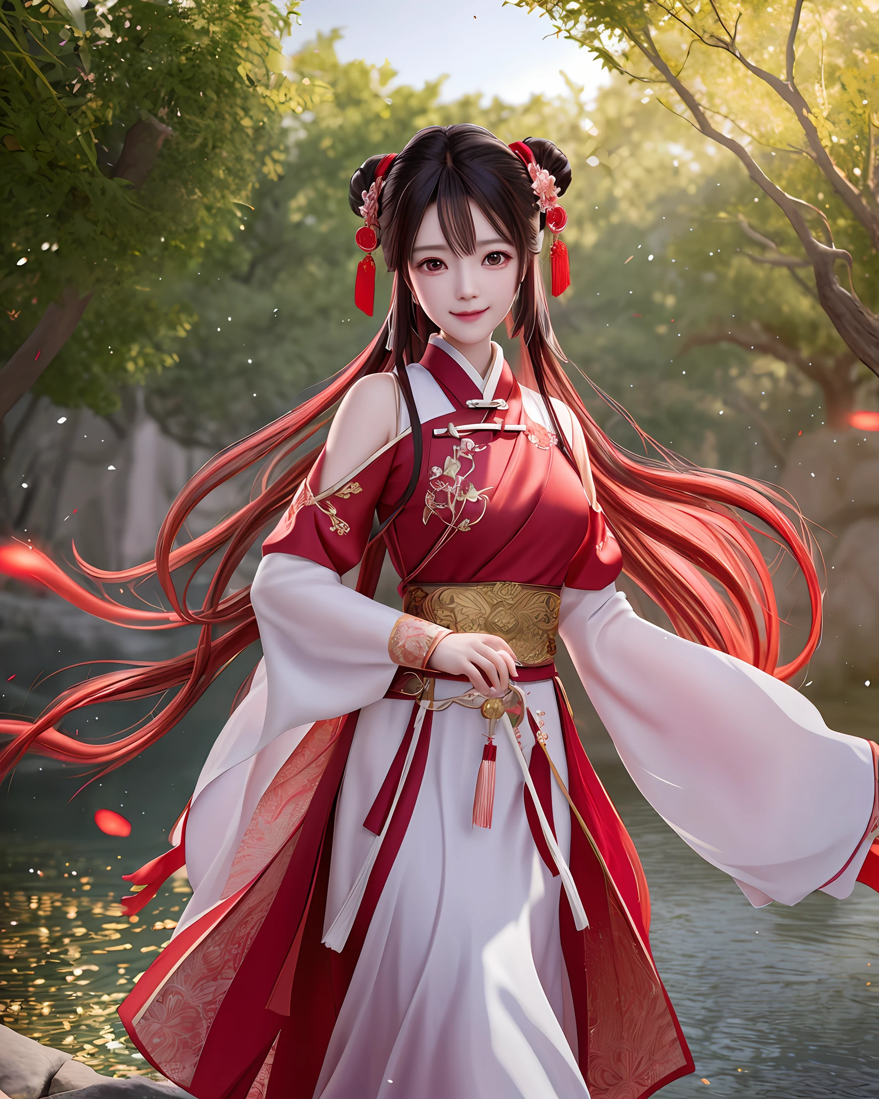 A girl in red Hanfu, Chinese style, original photo, long hair, unforgettable smile, watery eyes, blush, red film and pupil circle, cute, beautiful, reflections around pupils, super high resolution, professional lighting, photon mapping, physically based rendering, cinematic special effects style, 8K resolution