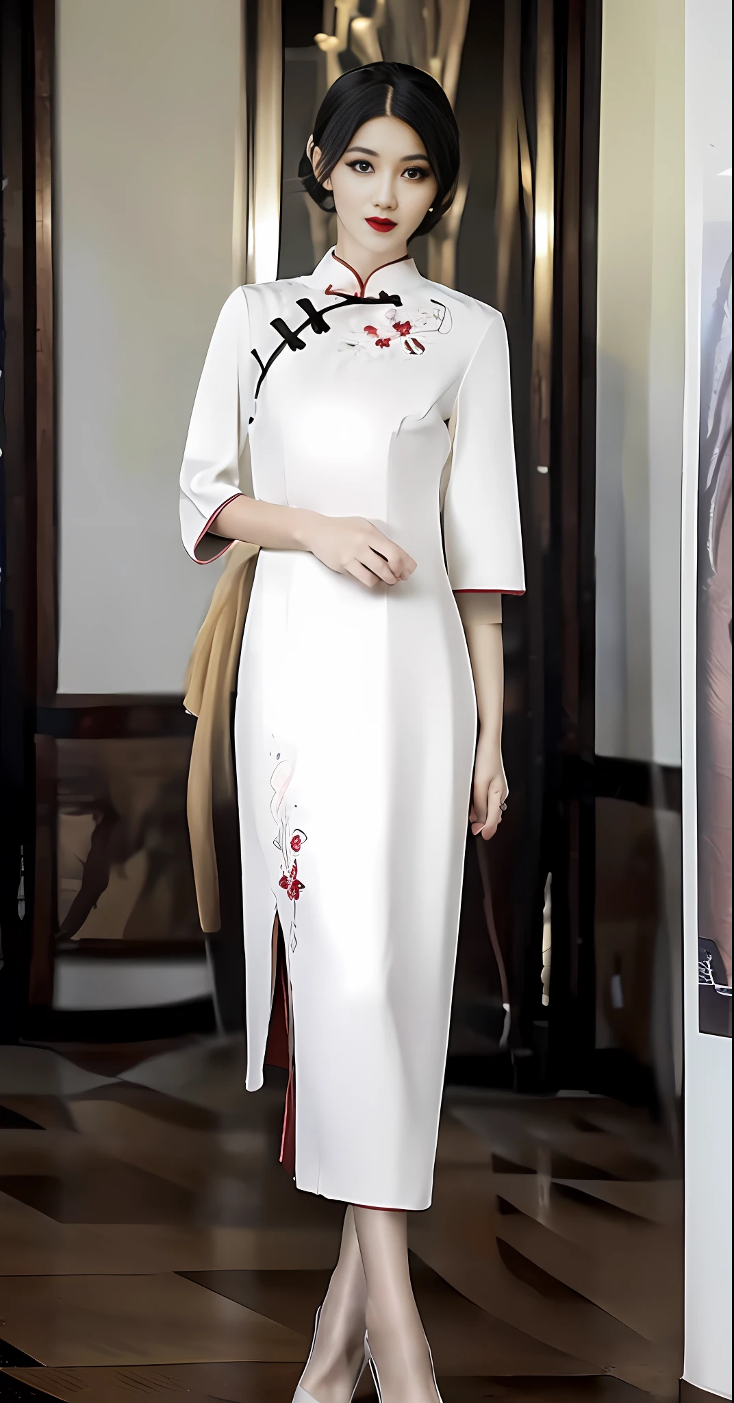 , (white long sleeves), 1 girl, (upper body), high heels, (short hair: 1.1), (realistic: 1.7), (best quality)), ridiculous, (ultra high resolution), (realistic: 1.6), realistic, octane rendering, (hyper-realistic: 1.2), (realistic face: 1.2), (8k), (4k), (masterpiece), (realistic skin texture), (illustration, movie lighting, wallpaper), (beautiful eyes: 1.2), (perfect face))), (cute), (standing), (black hair), (short hair), black eyes, red lips, (outdoor), (cheongsam), tight, blurred background