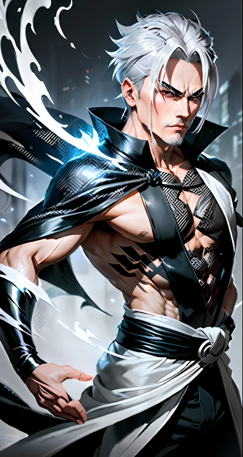 An enigmatic ninja with silver hair and piercing eyes. He wears a black kimono with gray accents and a robe that merges with the shadows. His suit is light and fluid, allowing him to move silently. (dynamic pose) ( animated pose) ( cinematog ́rafica pose) (cinematic atmosphere)
