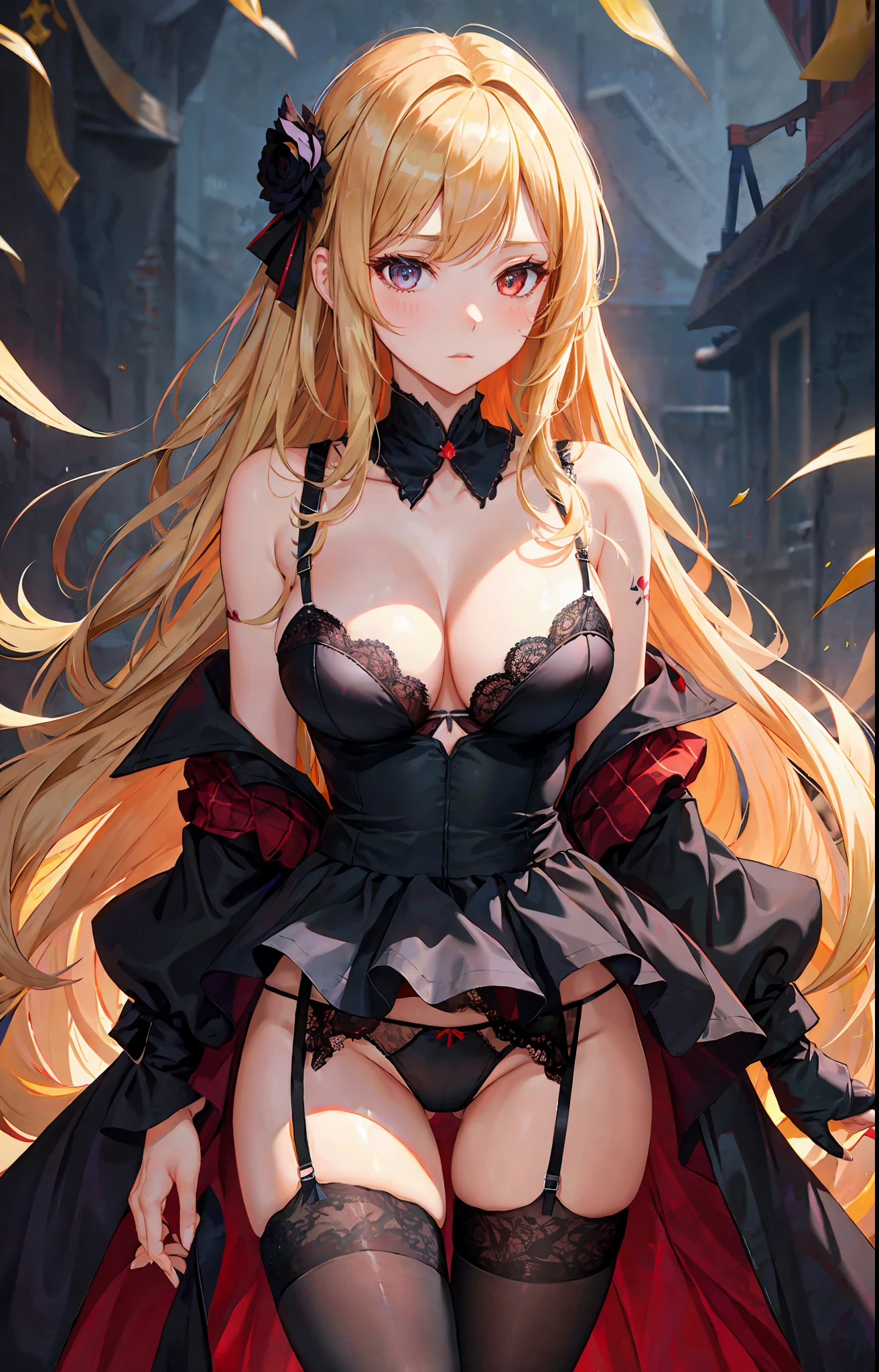 Black Panties, black underwear, black lingerie, revealing clothes, lingerie only, lace panty focus, large breasts, revealing, large breasts focus, slender body, slim body, shoulders length hair, blonde hair, blowing wind, princess dress, red dress, wind flashing underwear,