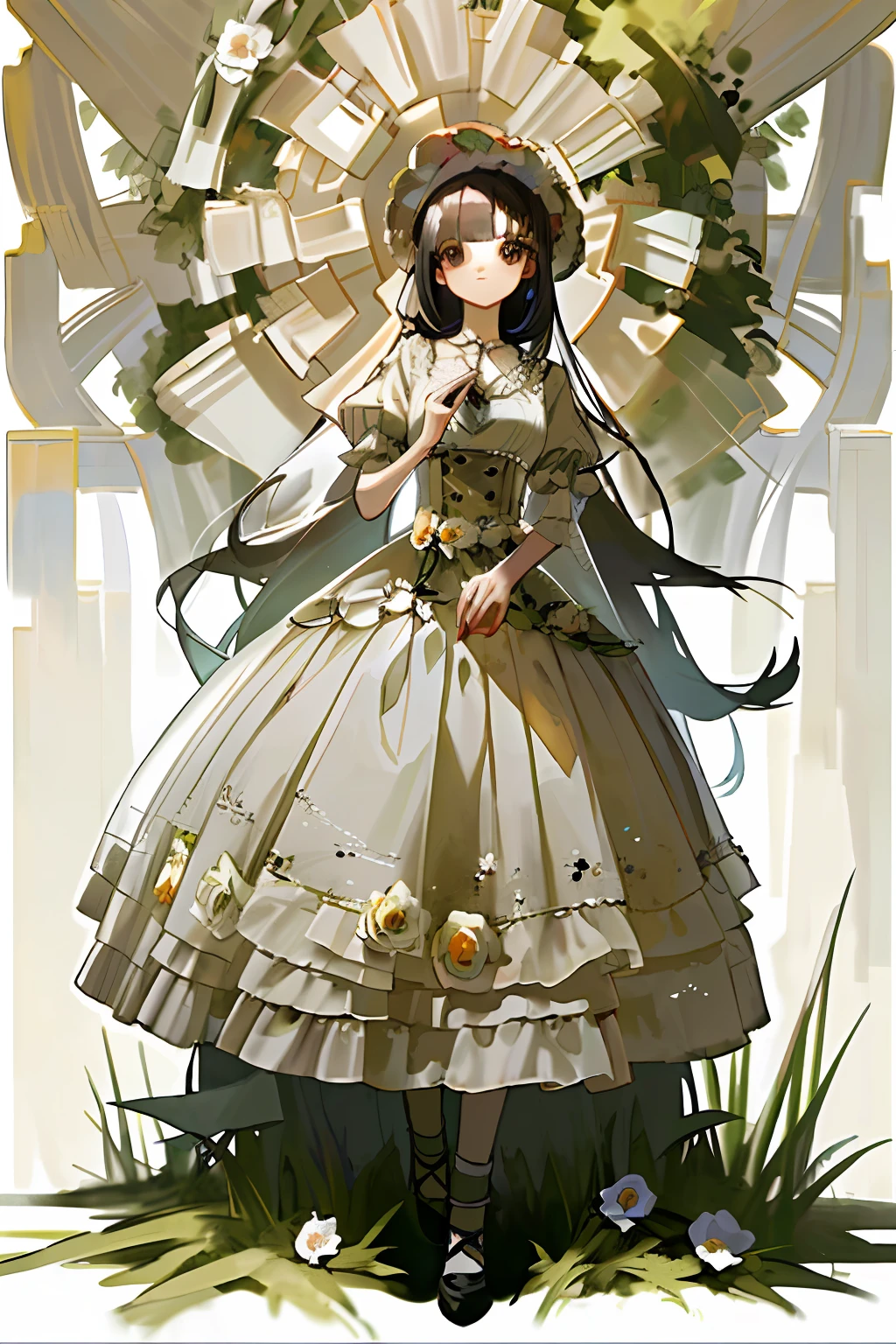 (masterpiece, top quality, best quality, official art, beautiful and aesthetic:1.2), 1girl, long black straight hair,  solo, standing in garden, looking at viewer, white lolita_dress,