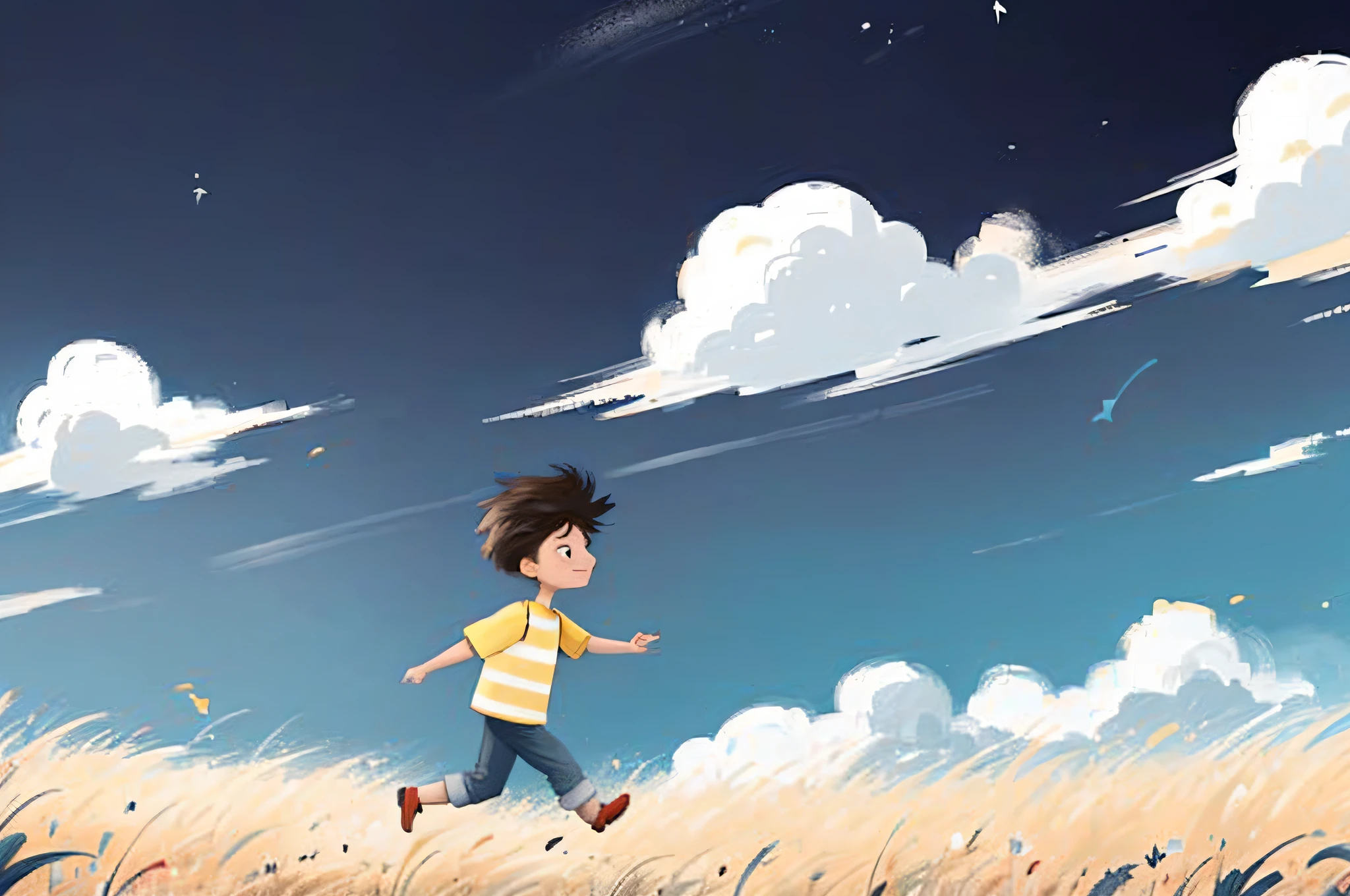 ink color,1 boy, solo,Yellow clothes,smile, A boy running on the grass, 2D, line art, illustration,cloud,Look to the sky,Chasing the Clouds