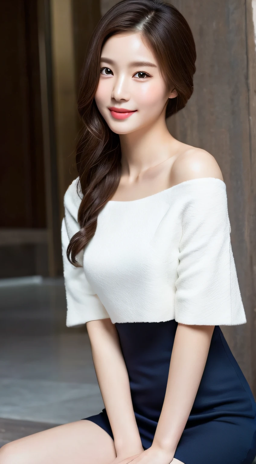 (A Korean woman), 1girl, realism, ((best quality, 8k, masterpiece: 1.3)), Nikon camera, camera aperture F1.2, photo texture, soft light, an elegant dress, such as a black or dark blue slim dress, paired with a pair of mid-heeled heels, can enhance the temperament. Wear it with a simple cropped jacket for added layers and professionalism. With a simple and elegant handbag, it looks more decent. Hairstyle can choose simple and neat low ponytail or smart middle straight hair, hair color should choose natural brown or black, skin tone should choose natural base makeup, with light color eyeshadow and lipstick, look more decent and delicate, (snow white skin), whiten skin, smile