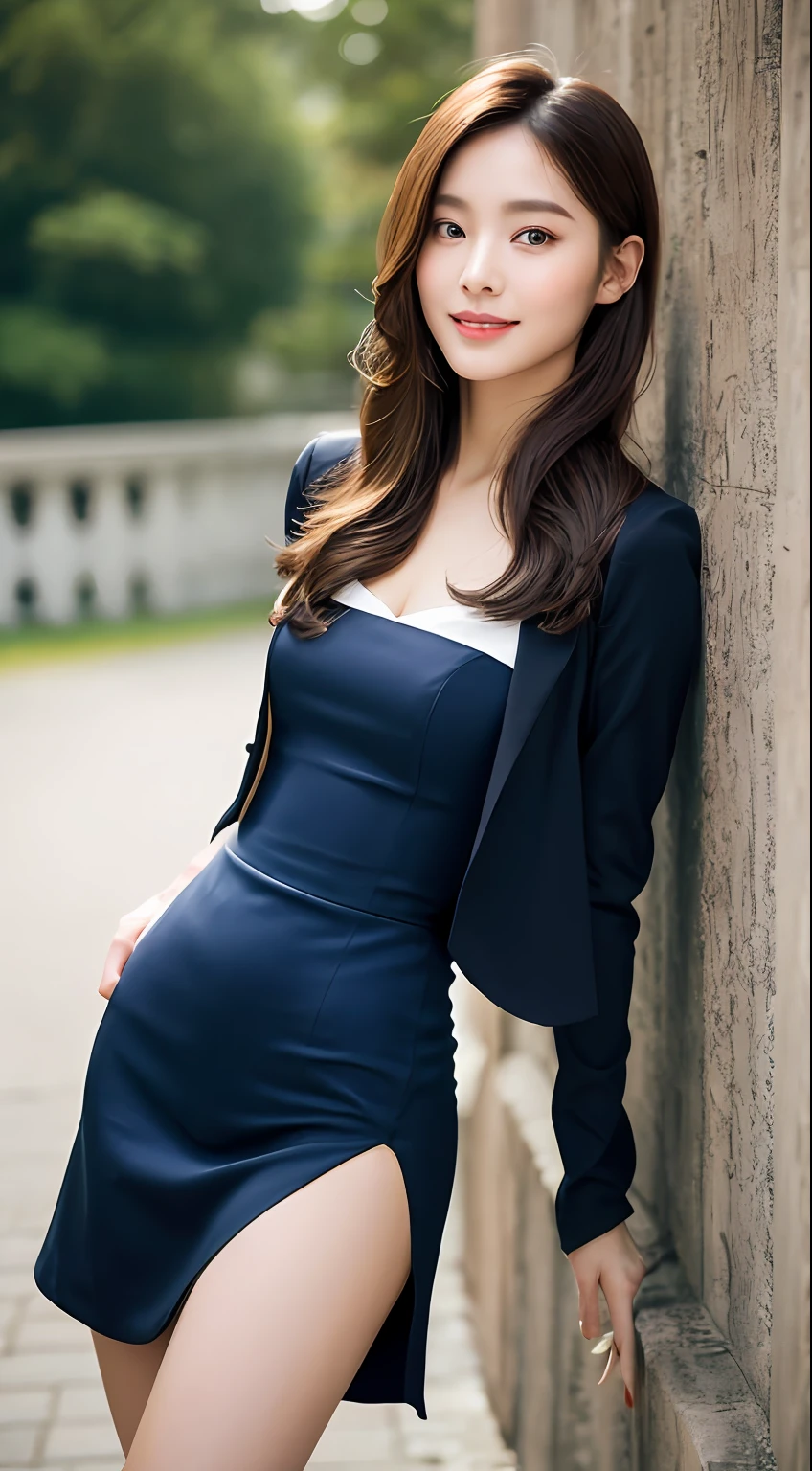 (A Korean woman), 1girl, realism, ((best quality, 8k, masterpiece: 1.3)), Nikon camera, camera aperture F1.2, photo texture, soft light, an elegant dress, such as a black or dark blue slim dress, paired with a pair of mid-heeled heels, can enhance the temperament. Wear it with a simple cropped jacket for added layers and professionalism. With a simple and elegant handbag, it looks more decent. Hairstyle can choose simple and neat low ponytail or smart middle straight hair, hair color should choose natural brown or black, skin tone should choose natural base makeup, with light color eyeshadow and lipstick, look more decent and delicate, (snow white skin), whiten skin, smile