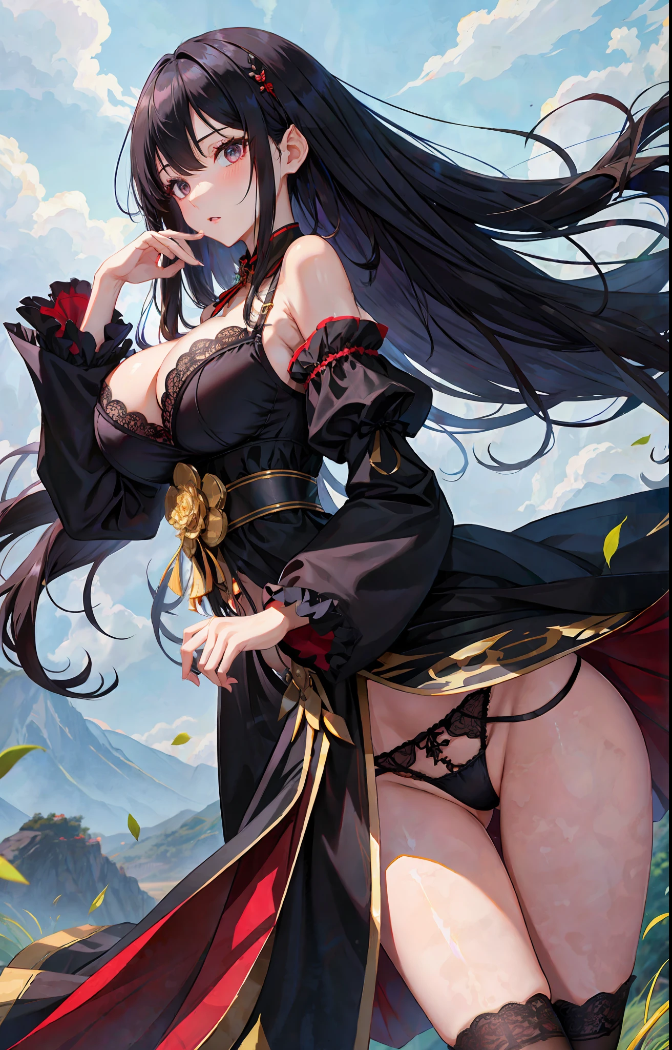 Black Panties, black underwear, black lingerie, lace panty focus, large breasts, revealing, large breasts focus, slender body, slim body, shoulders length hair, black hair, blowing wind, princess dress, Chinese dress, wind flashing underwear,