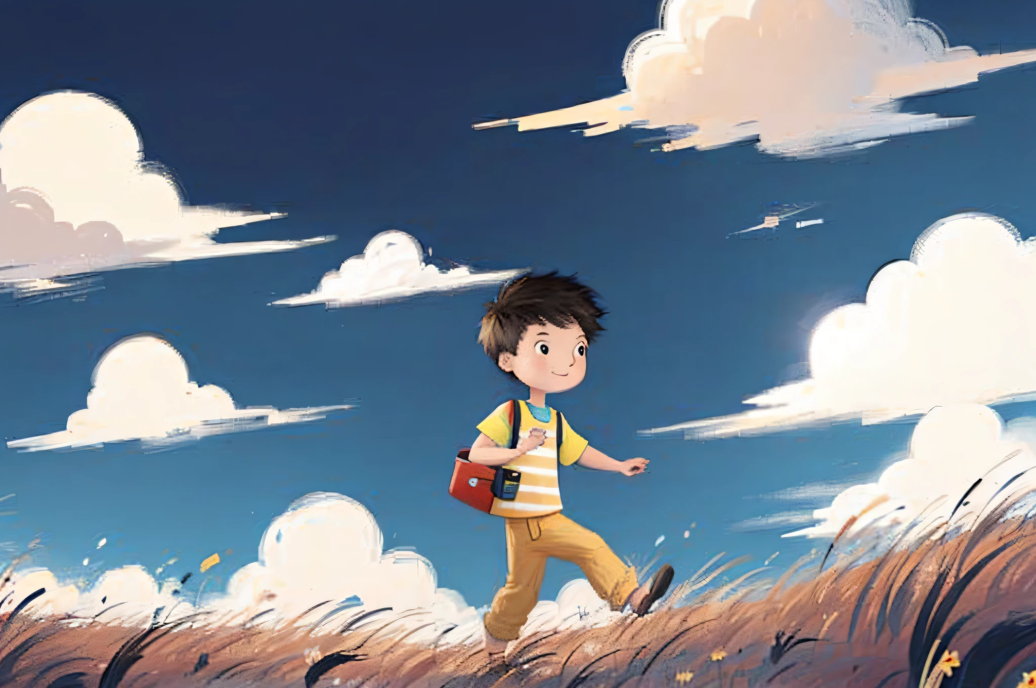 ink color,1 boy, solo,Yellow clothes,smile, A boy running on the grass, 2D, line art, illustration,cloud,Look to the sky,Chasing the Clouds