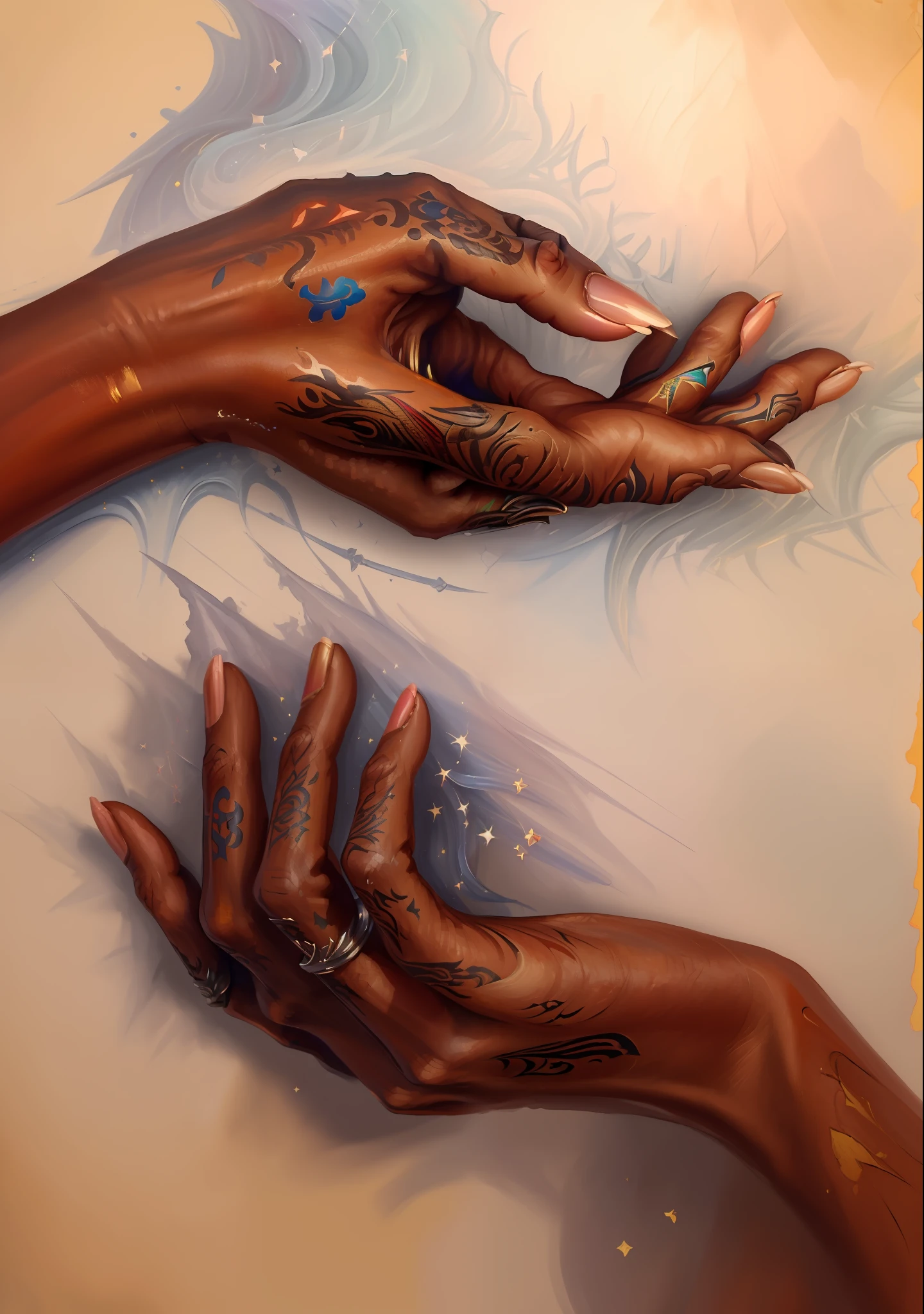 (((Masterpiece))), (((Best Quality: 1.4))), ((Super Detail: 1.4)) , hyper detailed gouache painting of female Tiefling hands:1.5, hyper detailed hands, hyper detailed fingers, detailed textures, tattoos, natural skin shader, ultra High resolution, exact anathomy, symmetry