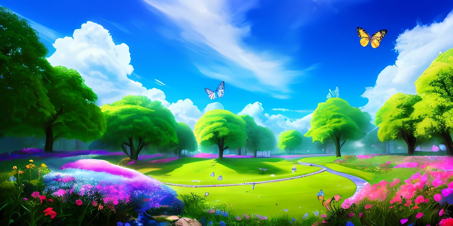 masterpiece, best quality, high quality, extremely detailed CG unity 8k wallpaper, An extremely colorful and purely fantasy environment with vibrant hues and a bright sky, landscape of bright green grass, colorful trees, glittering fruits, and bright blue flowers. The streams are a deep shade of blue, and the air is filled with sweet exotic scents. The environment appears to be taken out of a dream, with luminescent butterflies and giant colorful birds flying around, award winning photography, Bokeh, Depth of Field, HDR, bloom, Chromatic Aberration ,Photorealistic,extremely detailed, trending on artstation, trending on CGsociety, Intricate, High Detail, dramatic, art by midjourney