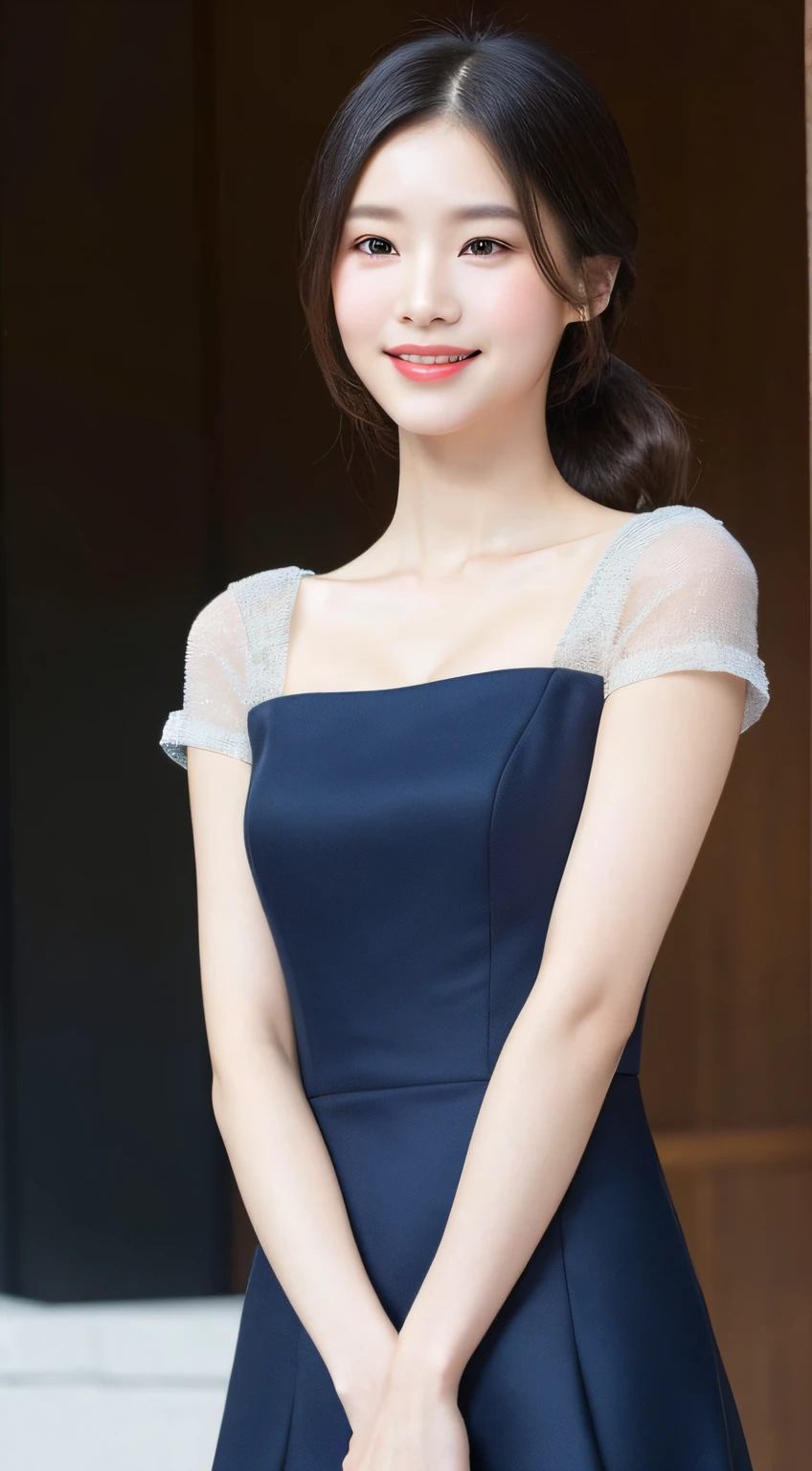 (A Korean woman), 1girl, realism, ((best quality, 8k, masterpiece: 1.3)), Nikon camera, camera aperture F1.2, photo texture, soft light, an elegant dress, such as a black or dark blue slim dress, paired with a pair of mid-heeled heels, can enhance the temperament. Wear it with a simple cropped jacket for added layers and professionalism. With a simple and elegant handbag, it looks more decent. Hairstyle can choose simple and neat low ponytail or smart middle straight hair, hair color should choose natural brown or black, skin tone should choose natural base makeup, with light color eyeshadow and lipstick, look more decent and delicate, (snow white skin), whiten skin, smile