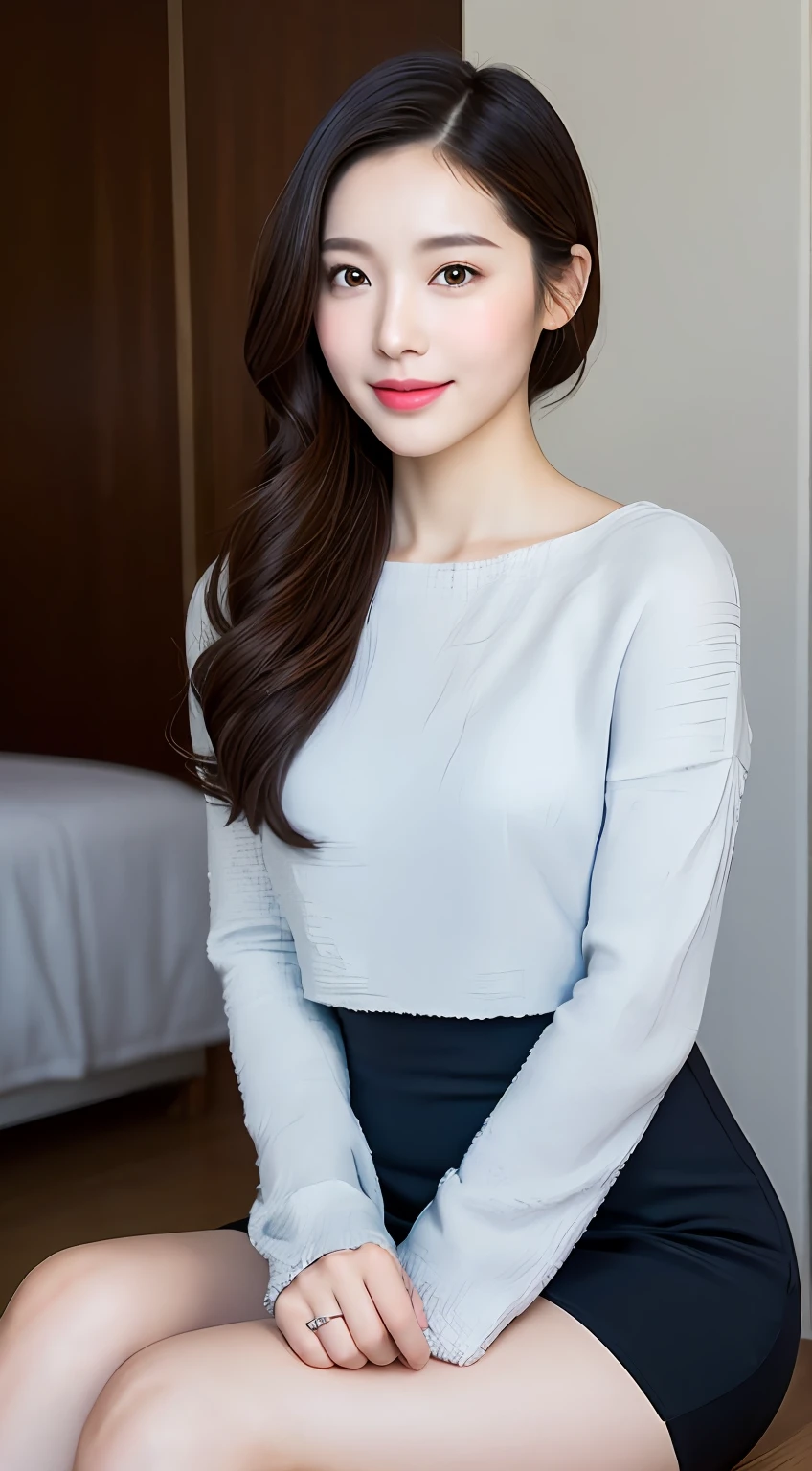 (A Korean woman), 1girl, realism, ((best quality, 8k, masterpiece: 1.3)), Nikon camera, camera aperture F1.2, photo texture, soft light, an elegant dress, such as a black or dark blue slim dress, paired with a pair of mid-heeled heels, can enhance the temperament. Wear it with a simple cropped jacket for added layers and professionalism. With a simple and elegant handbag, it looks more decent. Hairstyle can choose simple and neat low ponytail or smart middle straight hair, hair color should choose natural brown or black, skin tone should choose natural base makeup, with light color eyeshadow and lipstick, look more decent and delicate, (snow white skin), whiten skin, smile