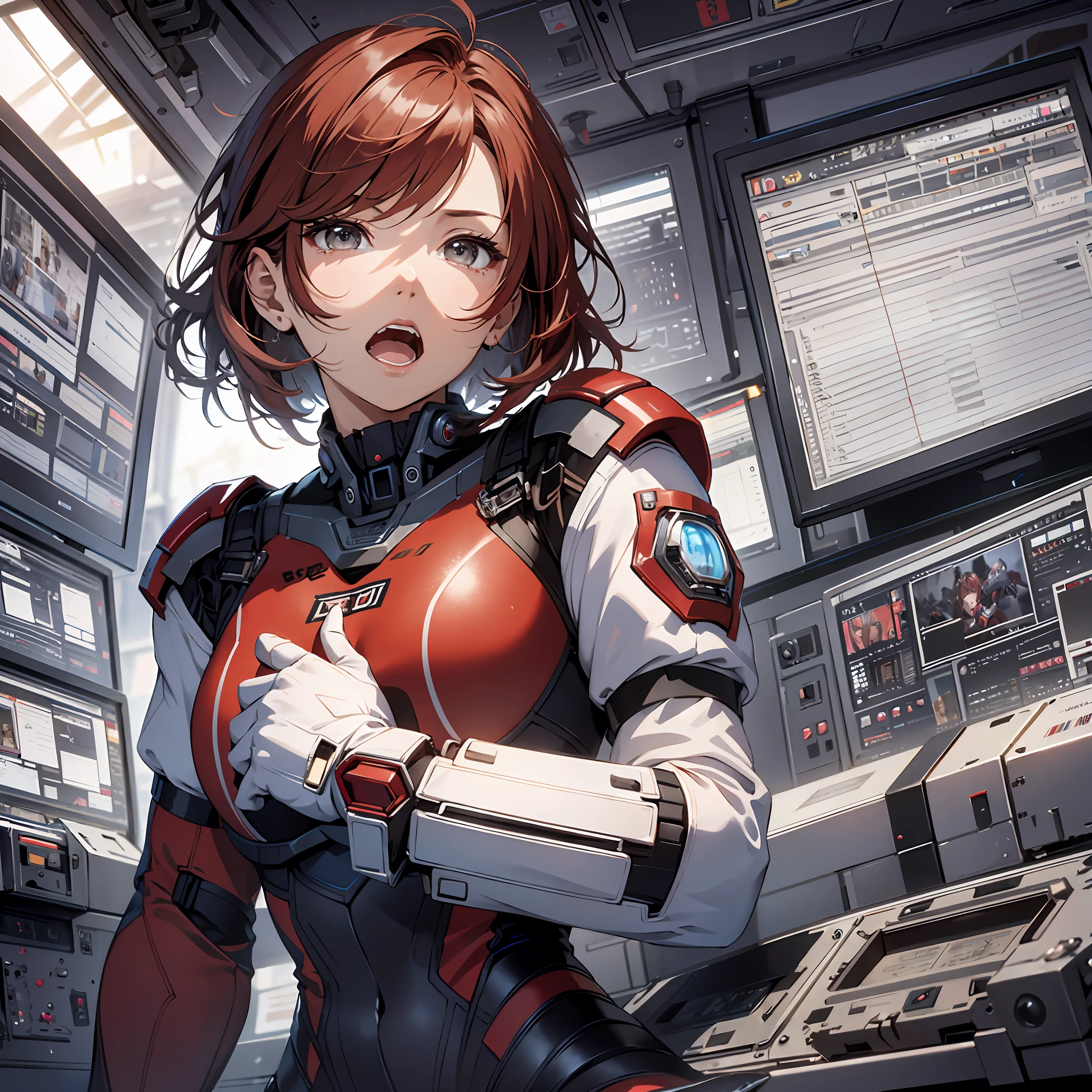 Absurd resolution, high resolution, (masterpiece: 1.4), hyper-detail, 1 young woman, short red hair, pilot suit, rich princess, sitting in an extremely narrow closed mecha control room, expression scared crying open mouth call (1.3), in the sky