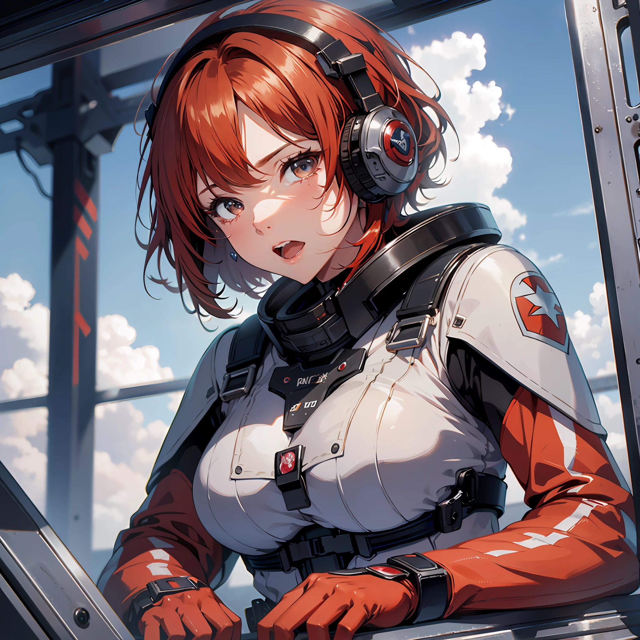 Absurd resolution, high resolution, (masterpiece: 1.4), hyper-detail, 1 young woman, short red hair, pilot suit, rich princess, sitting in an extremely narrow closed mecha control room, expression scared crying open mouth call (1.3), in the sky