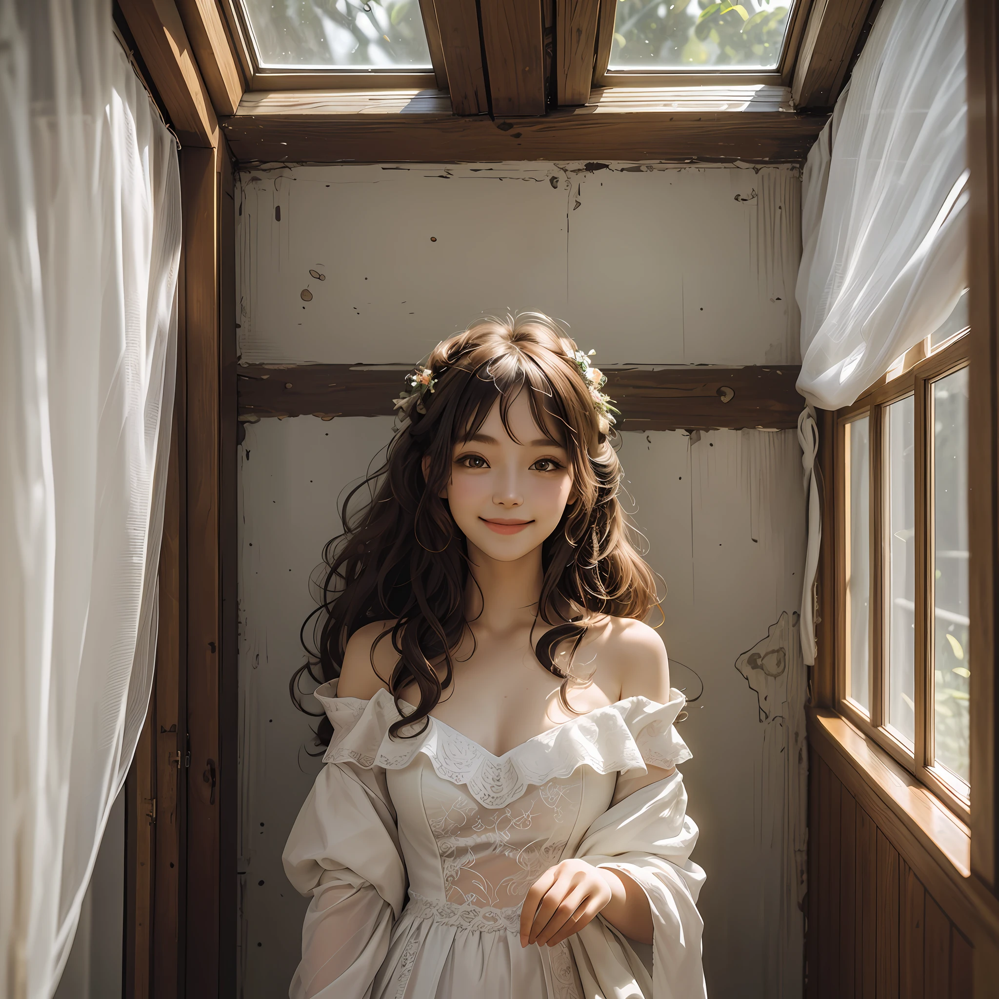 RAW photo, masterpiece, best quality, (1girl), 20yo, indoor, sunny window, happy, dress, stunning beauty, portrait, sun light, nature light, offshoulder, happy, smile, long curly hair, messy hair