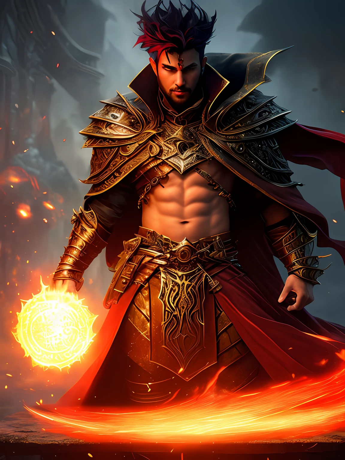 High quality image, 8k, a man with mutiplas personalides coming out in the form of red energy on top of his head, hyperrealistic fantasy art d &d ,, corrupted spell, casting epic spell, stylized urban fantasy art, hyperrealistic fantasy art, casting a powerful spell, he's casting a lighting spell, emotional concept art, magic the art of the reunion card