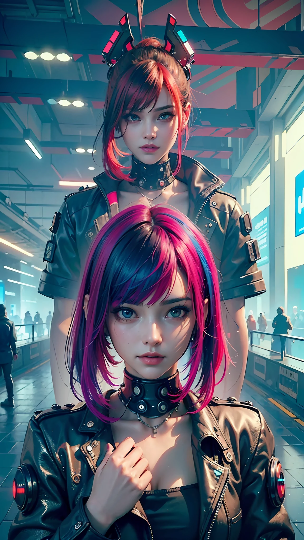((Best quality)), ((masterpiece)), (highly detailed:1.3), 3D, beautiful (cyberpunk:1.3) 1girl,hacker woman with colored hair, black clothes looking at camera