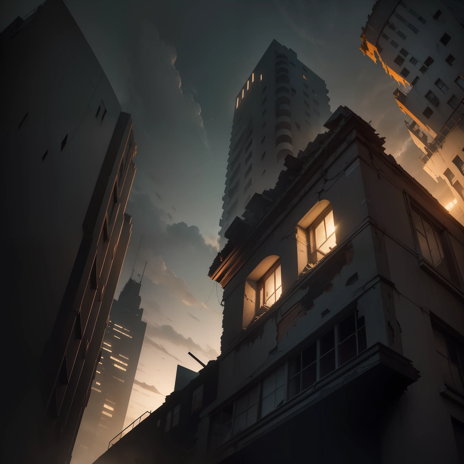 Rotten building, clity, contrast, night, chiaroscuro, cinematic lighting, from below, from below, best quality, highres, best quality, highres, award winning