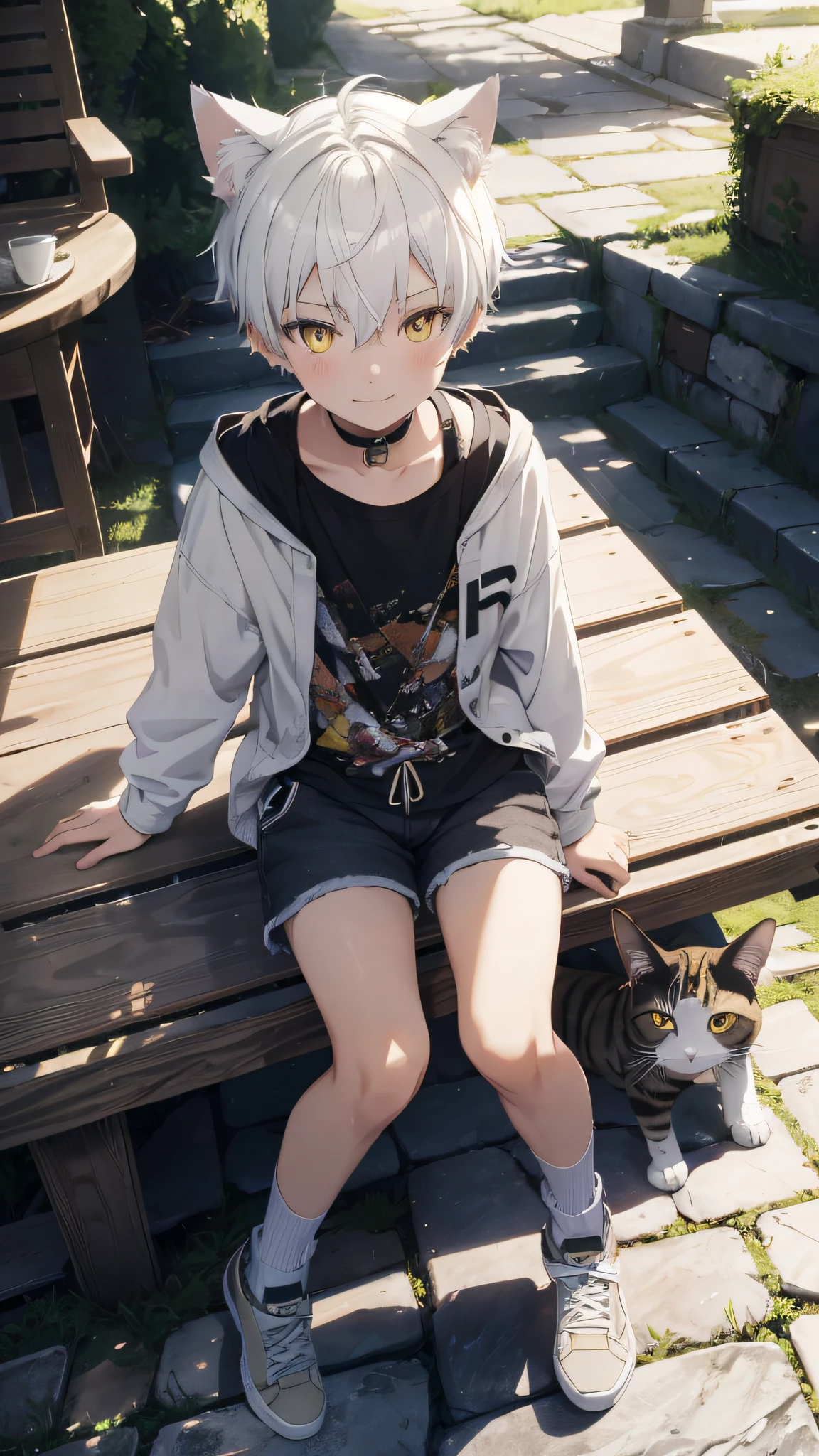 (absurdres, highres, ultra detailed, HDR), masterpiece, best quality, a little boy and a cat, 10yo, cat ears, yellow eye, very short hair, white hair, smile, shy, casual clothes, shorts, sitting, sunny,  from above, look up