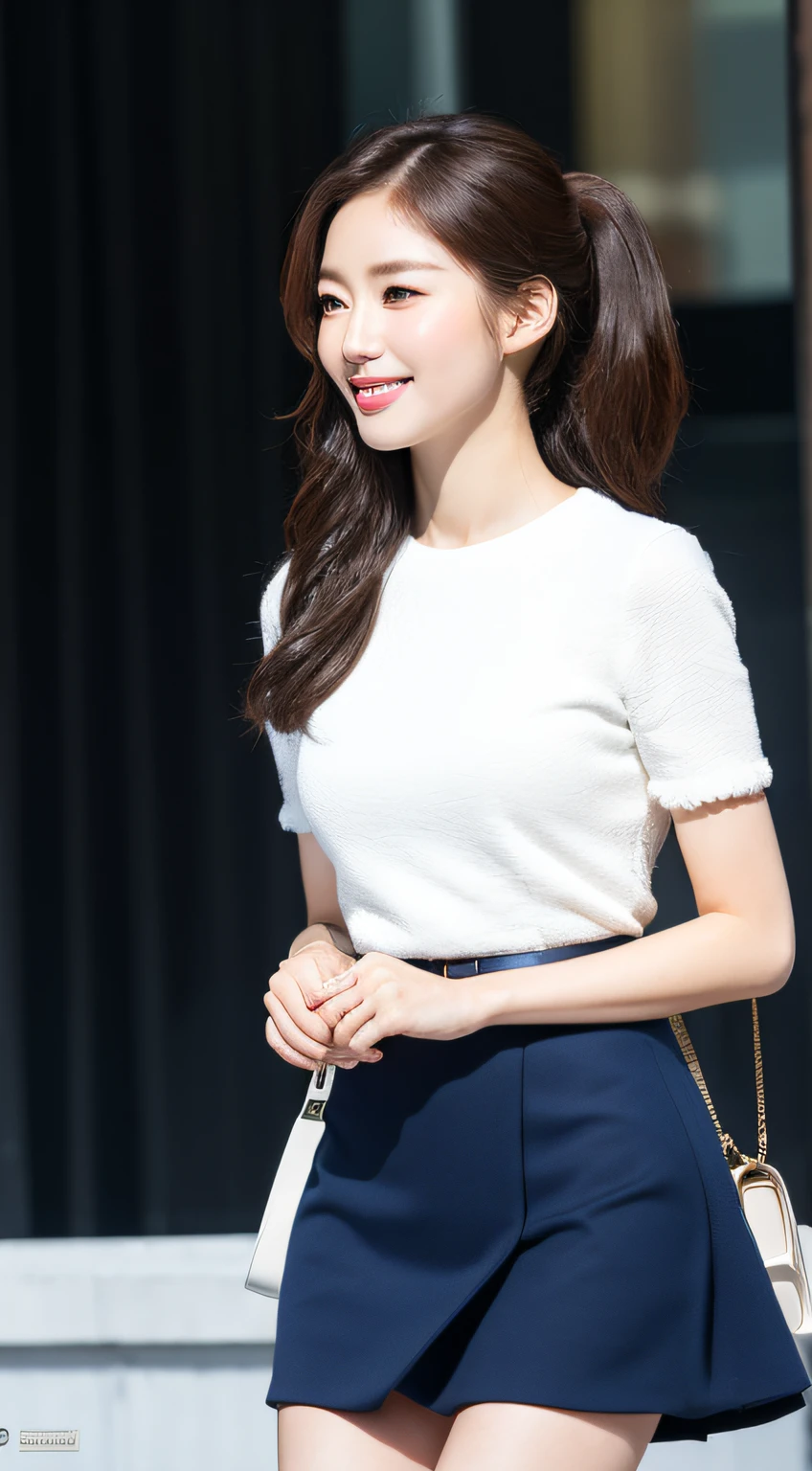(A Korean woman), 1girl, realism, ((best quality, 8k, masterpiece: 1.3)), Nikon camera, camera aperture F1.2, photo texture, soft light, an elegant dress, such as a black or dark blue slim dress, paired with a pair of mid-heeled heels, can enhance the temperament. Wear it with a simple cropped jacket for added layers and professionalism. With a simple and elegant handbag, it looks more decent. Hairstyle can choose simple and neat low ponytail or smart middle straight hair, hair color should choose natural brown or black, skin tone should choose natural base makeup, with light color eyeshadow and lipstick, look more decent and delicate, (snow white skin), whiten skin, smile