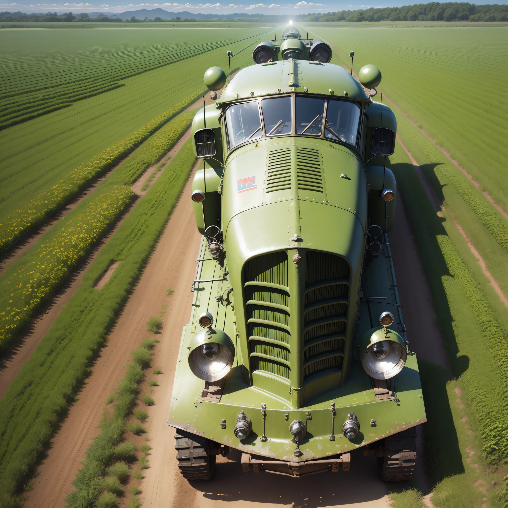CogPunkAI tractor with big open diesel engine the field, view from bottom, stempunk, dieselpunk, photorealistic, sunny atmosfhere