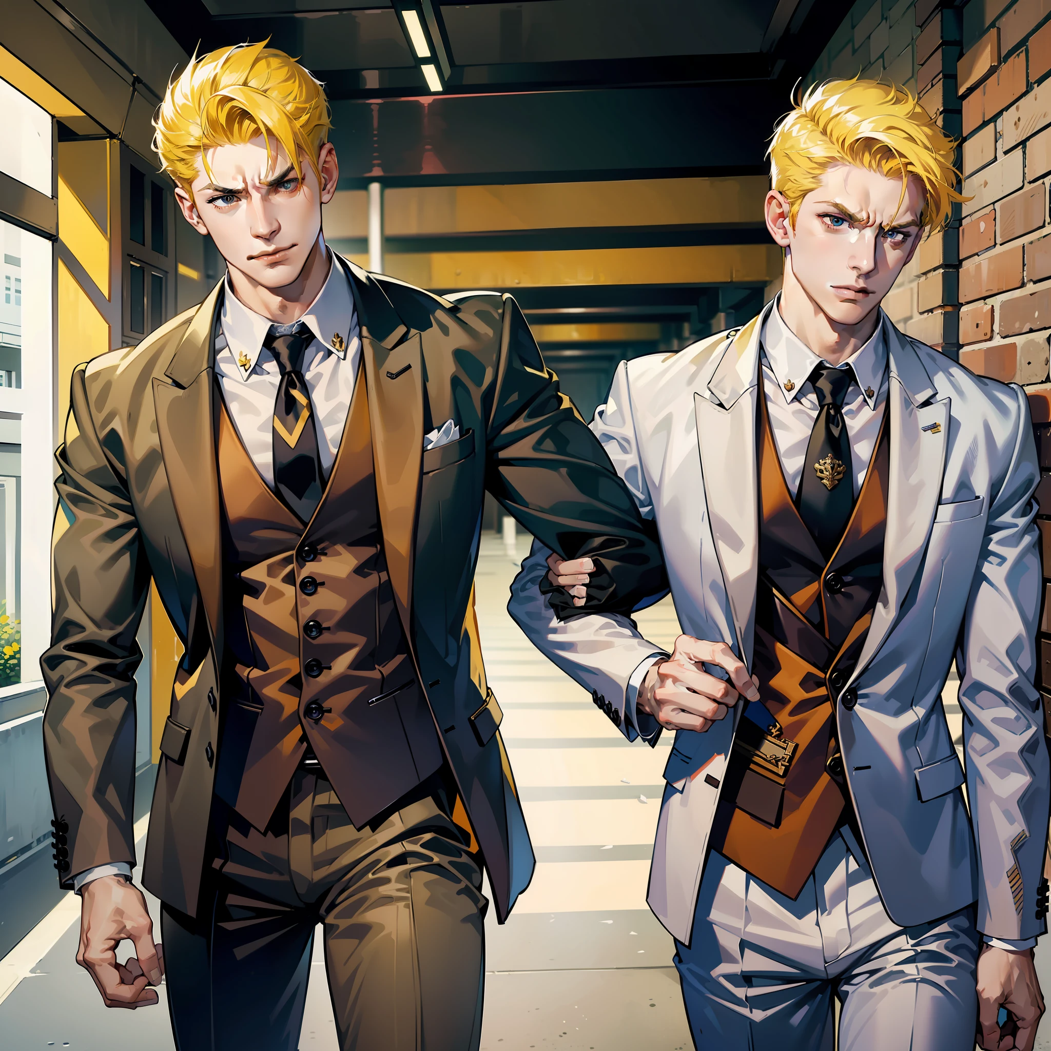 Two men (back, muscular man, wearing suits, tall, yellow hair, angry) (male, short hair, fine eyes, bad smile, bachelor uniform single, underpass), pulling each other