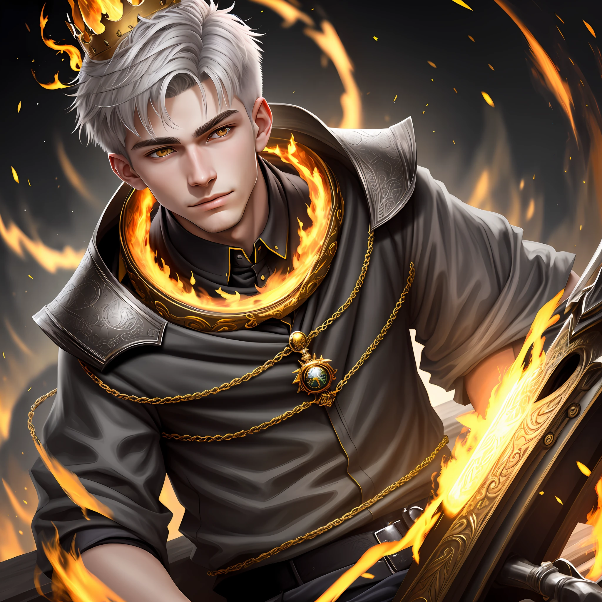 High detail, clarity, 8kk, young guy, 18 years old, light gray hair, short haircut, yellow eyes, 
a smirk, a crown, fire everywhere, realism, fantasy,