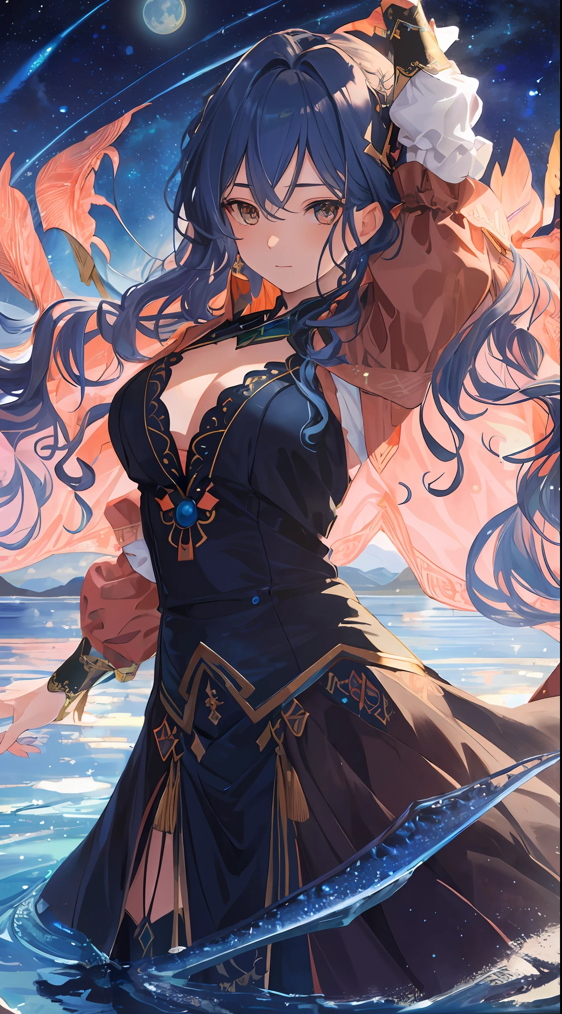 absurdity,In that miraculous realm, the pristine air glows with a blue hue, and a colossal moon reflects upon the transparent surface of a lake, bestowing magical powers, with an enchanting backdrop of delicate fairies dancing,(wide view:1.3), sense of depth,(look away:1.1),(beautiful Background,detailed background:1.5),
(masterpiece, best quality:1.3),beautiful detailed glow,best illuminate,(best quality,textile shading,ultra detailed:1.3),extremely detailed CG unity 8k wallpaper,Highly Detailed beautiful and aesthetic,best light,high resolution,detailed,dynamic lighting,super detailed skin,intricate details, hyper detail, sharp detail,detailed, highres, intricate details,(delicate facial features:1.3), BREAK, detailed picture,a glossy picture,catch light,BREAK, 1girl, (Dark salmon eyes:1.6),
(United Nations blue wavy long hair:1.6),
(parted bangs:1.1),BREAK