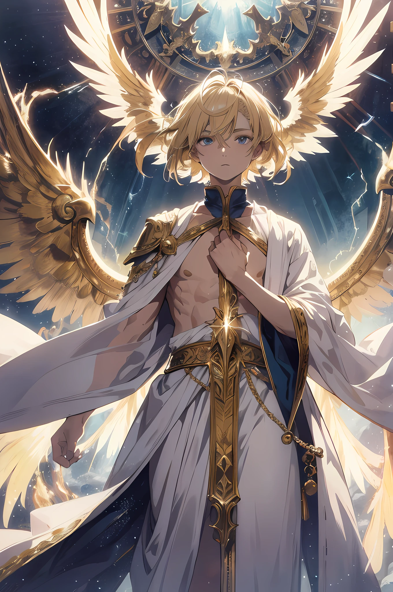 official art, ultra detailed, masterpiece, best quality, absurdres, highres, a winged man in white robe hold small mirror with both hands, solo, ascending to earth, blonde hair, detailed face, finely eyes, muscular, bare pectoral, full body, lift hand, fantasy, spark, celestial, vortex, golden chain, from above