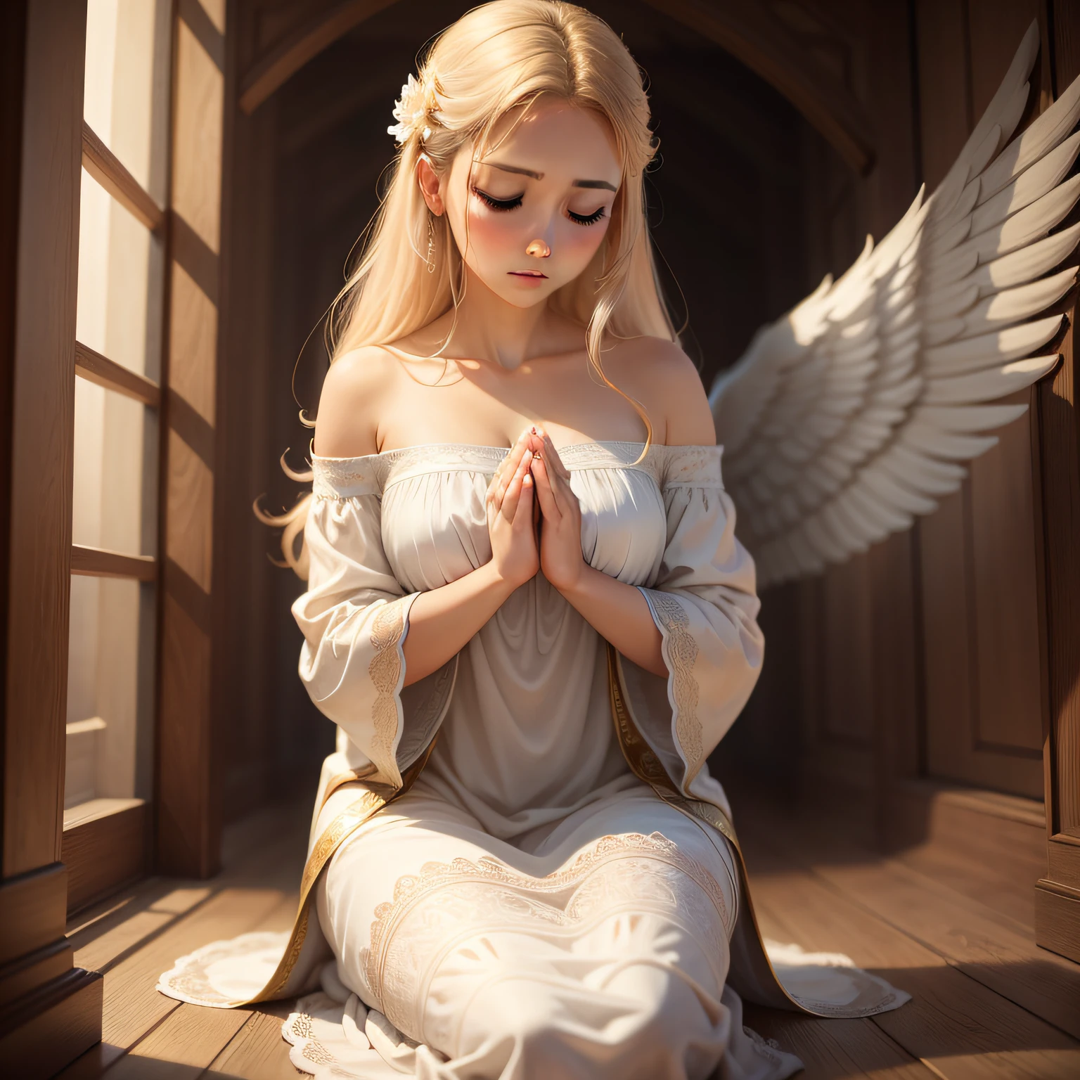 A woman angel, serene, calm and very beautiful, praying