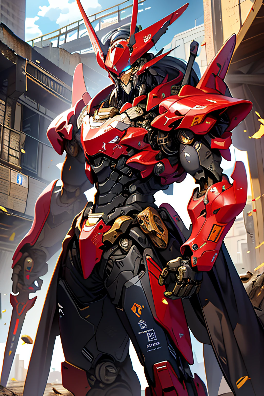 masterpiece, best quality, mecha, no humans, black armor, blue eyes, science fiction, fire, laser canon beam, war, conflict, destroyed city background