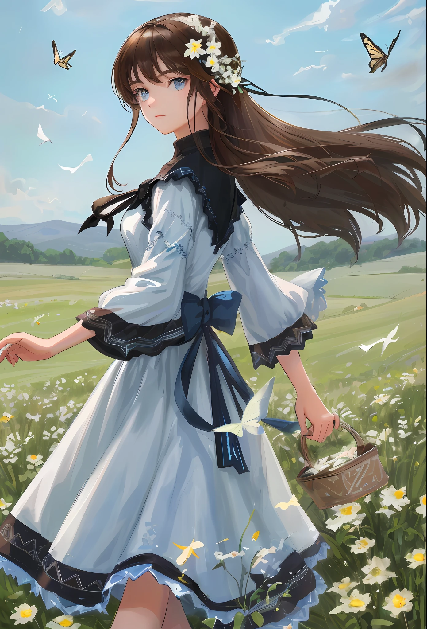 High Detail, Ultra Detail, Ultra High Resolution Girl with black eyebrows, blue eyes, short brown hair enjoying her time in open field, surrounded by the beauty of nature, warm sun sprinkling on her, white flowers gently swaying in the breeze. Butterflies and birds flutter around her, adding to the playful atmosphere,