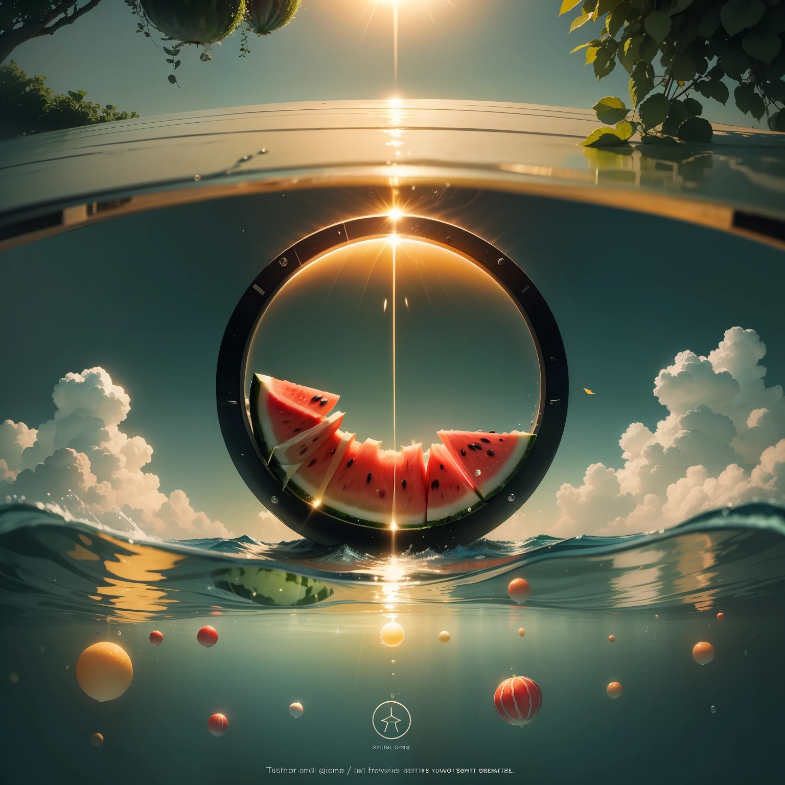 High-end sense, atmosphere, summer solstice season poster, refreshing, watermelon, seawater, innovative design, sense of space, creativity, film and television style