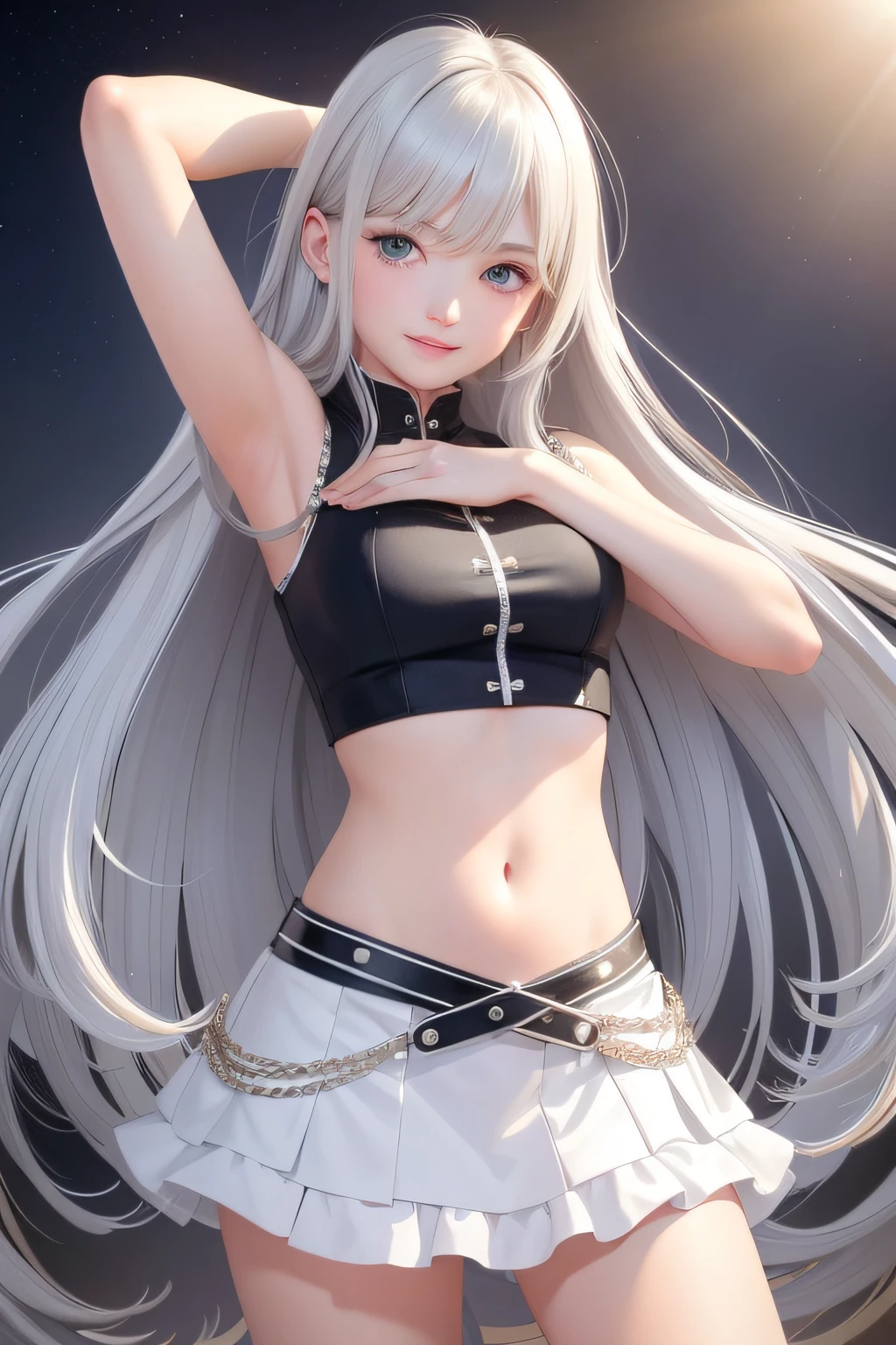 Super Smile, Open Your Mouth, Bangs, Realistic, One Girl, Silver, Very Long Hair, Green Eyes, Shining Eyes, Crop Top, Skirt, Parted Lips, Blush, Night, Flower, Sun, Daylight, (Best Quality, Masterpiece: 1.1), (Realistic: 1.4), 1 Girl, Cowboy Shot