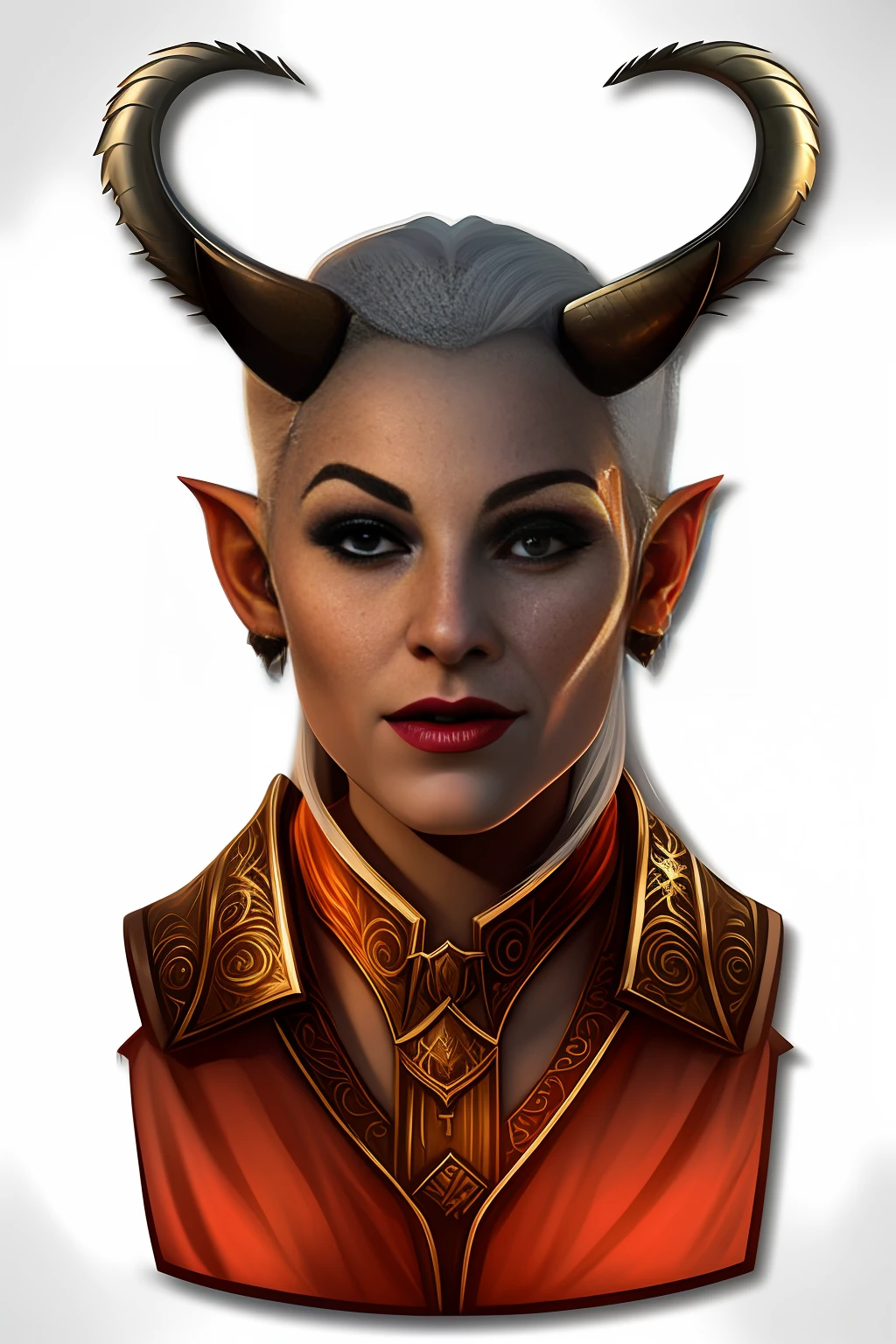 a closeup of a silver blonde white albino woman with horns on her head, frightening open smile, dnd portrait of a tiefling, fantasy character portrait, tiefling female sorceress, fantasy characture portrait, attractive tiefling druid, portrait of a female elf sorcerer, tiefling, dnd character art portrait, detailed character portrait, detailed matte fantasy portrait, Symmetrical Fantasy RPG Portrait, DND Portrait, Goblin Female Portrait