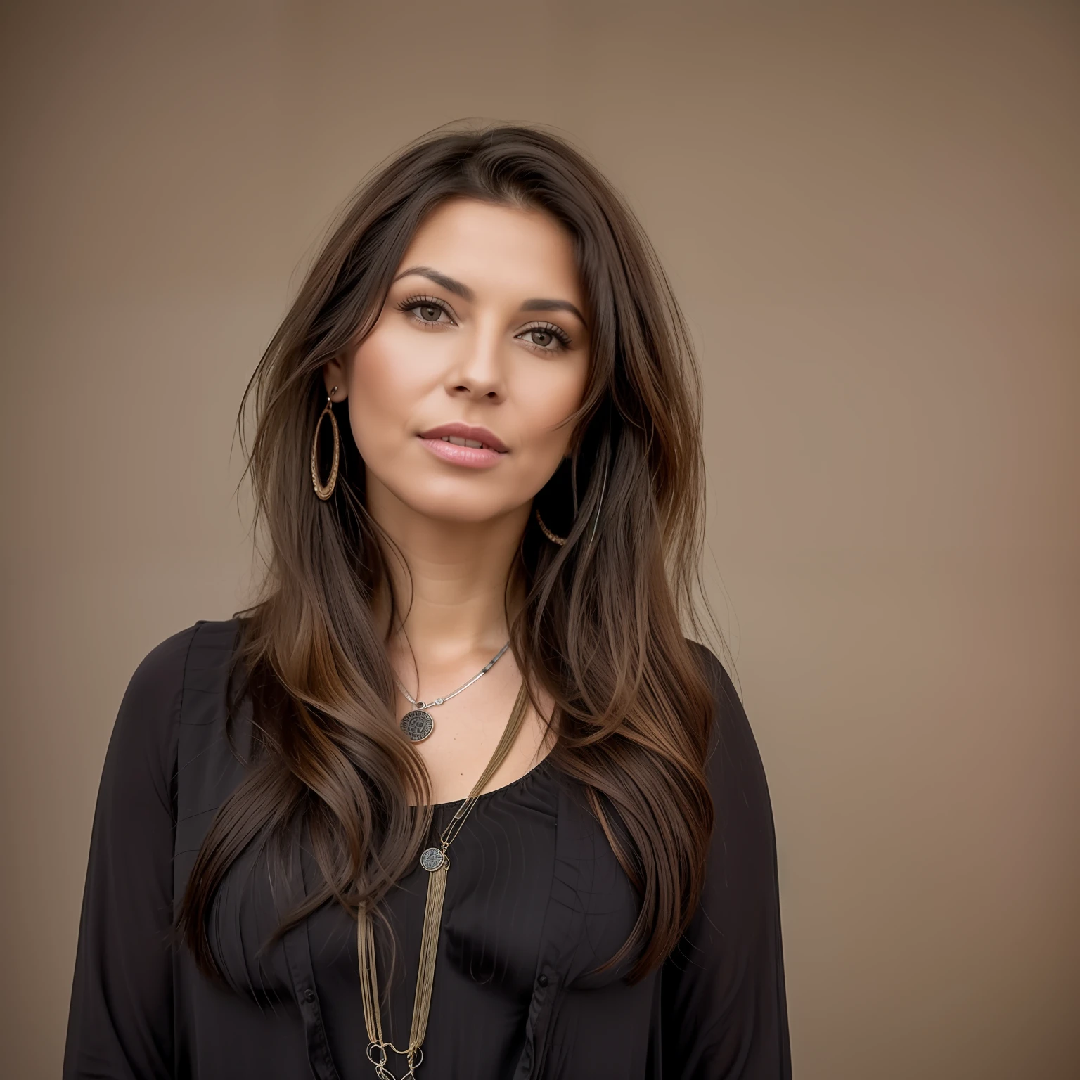 photo of 45 year old woman with long black hair and a necklace, (highly detailed skin: 1.2), 8k uhd, dslr, soft lighting, high quality, 80mm, hasselblad, HDR