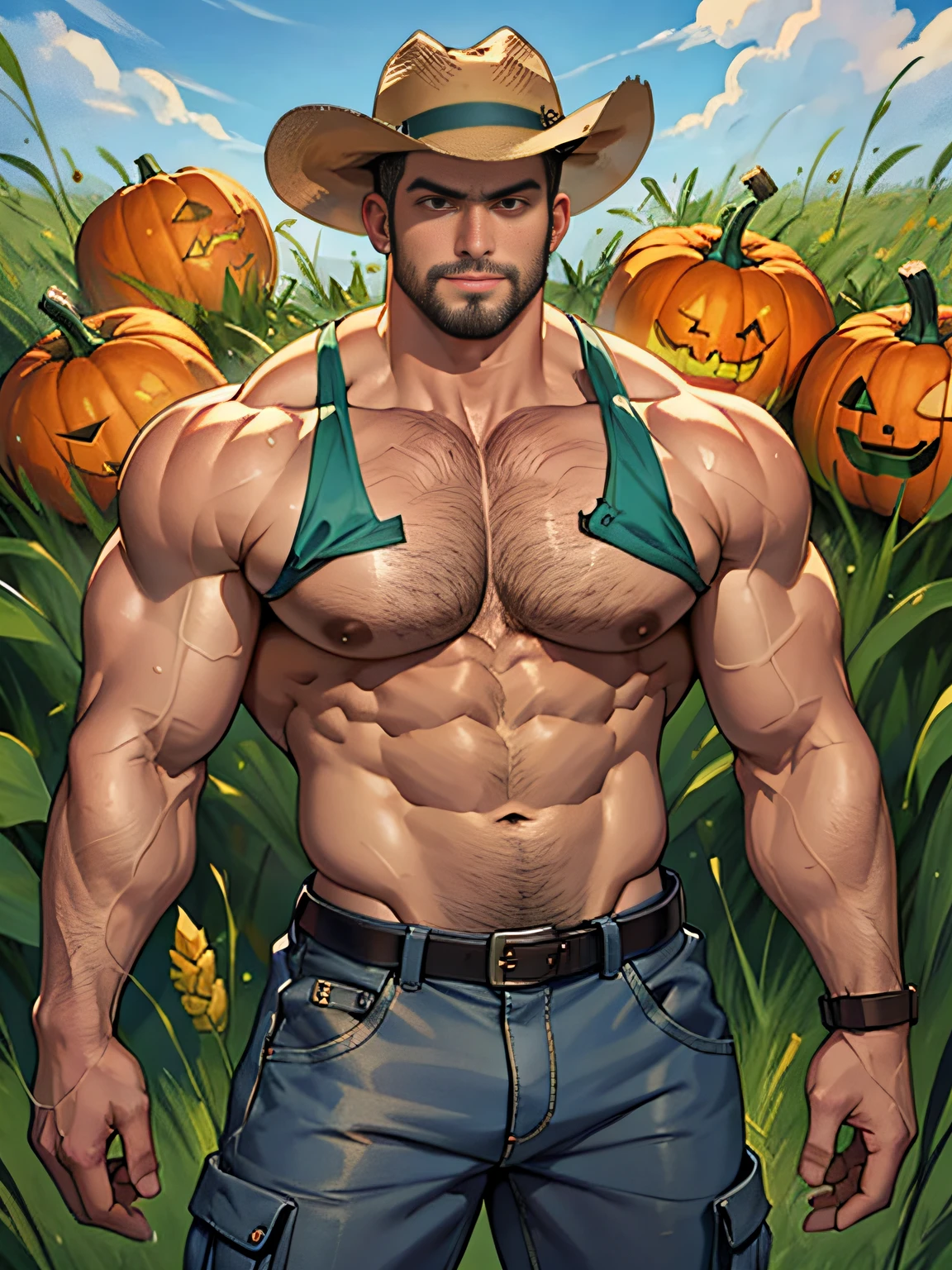 30 years old, big eyes, Chinese male, stubble, white inch, huge muscles, exaggerated muscles, mature man, muscle swelling, bodybuilding, pectoral muscles, abs, in a pumpkin field, plenty of pumpkin, tank top, cargo pants, martin boots, natural light, cowboy hat, hoe, wet body, wheat-colored skin, 1man, standing, men's stud earrings, tattoo on forearm